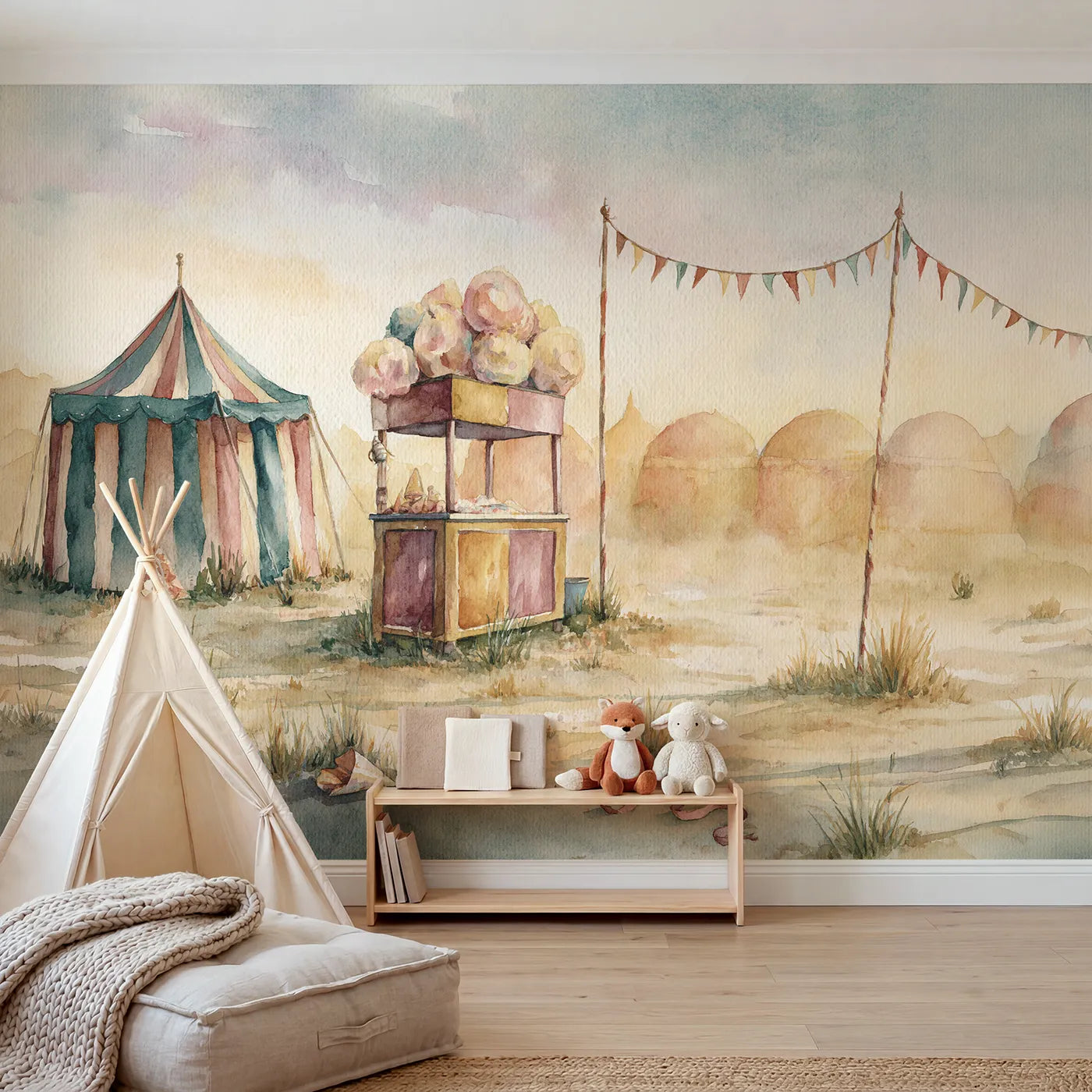 Watercolor wall mural of a cotton candy stand on warm cream by Whimsy Tots