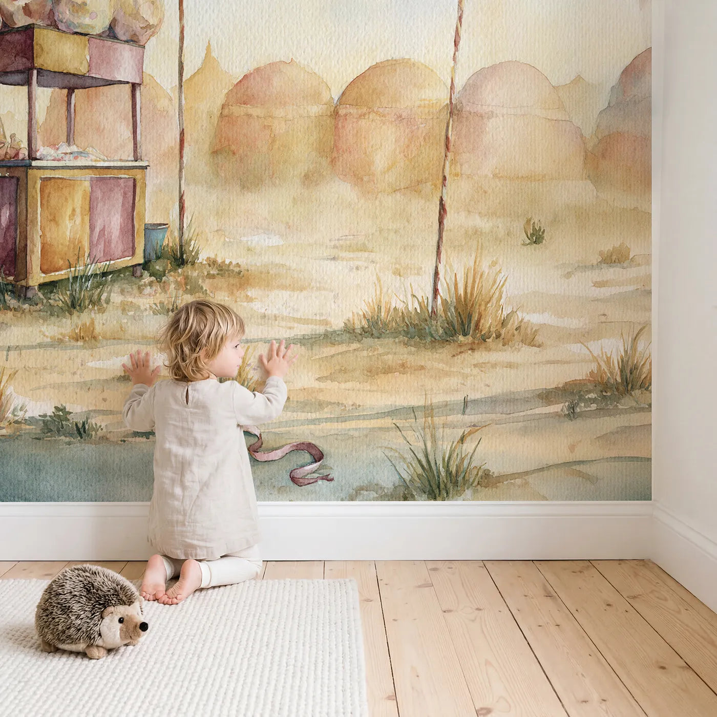 Child in nursery with Cotton Candy Stand Wallpaper Mural by Whimsy Tots