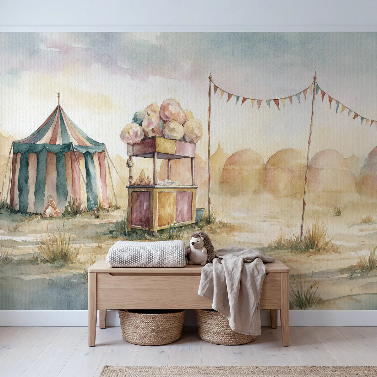 Cotton Candy Stand Wallpaper Mural in playroom setting by Whimsy Tots