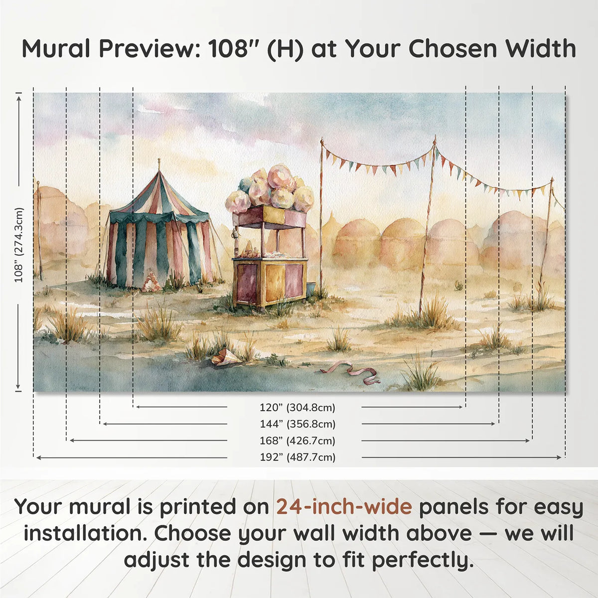 Panel layout and dimensions for Cotton Candy Stand Wallpaper Mural by Whimsy Tots