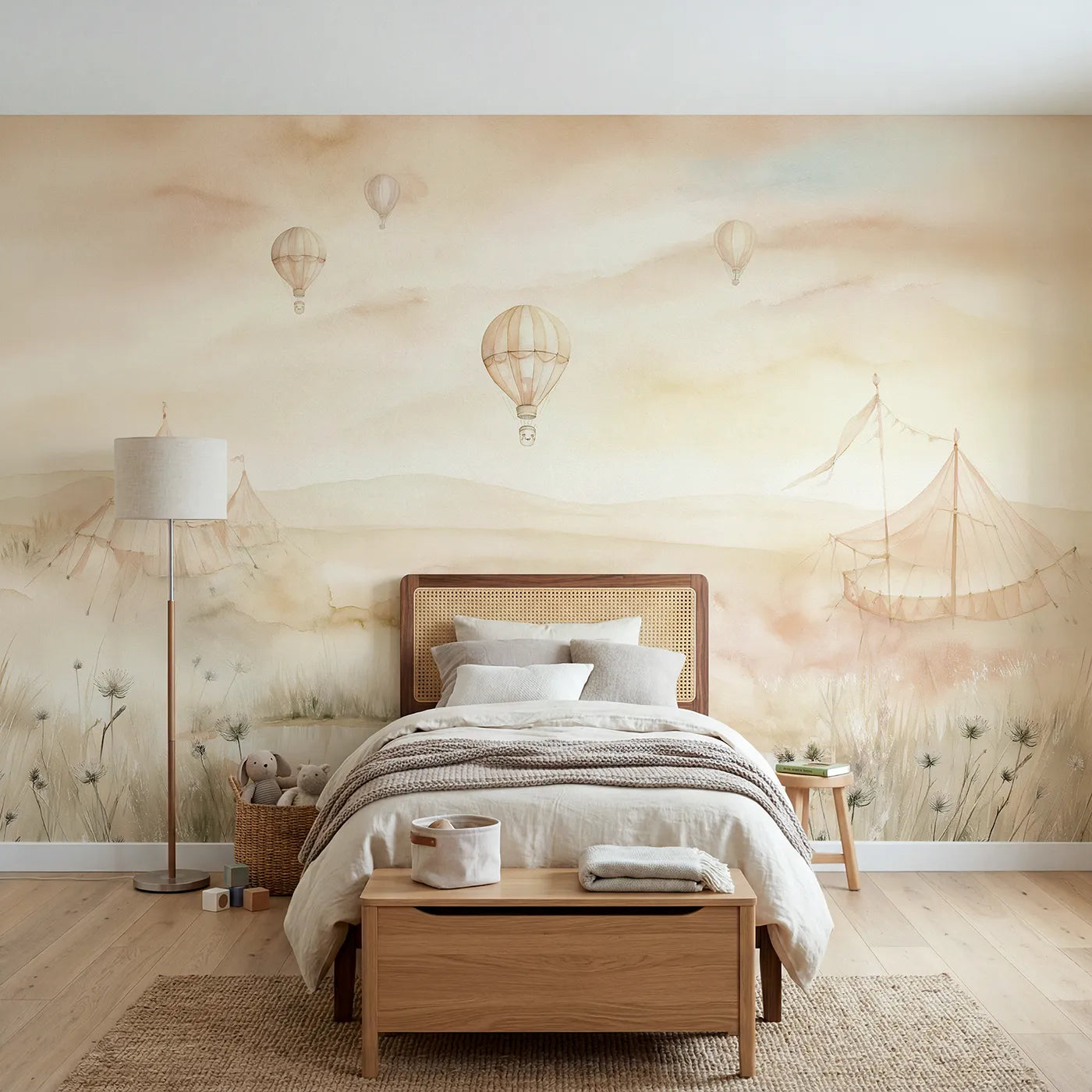 Watercolor wall mural of balloons drifting at dawn on warm cream by Whimsy Tots
