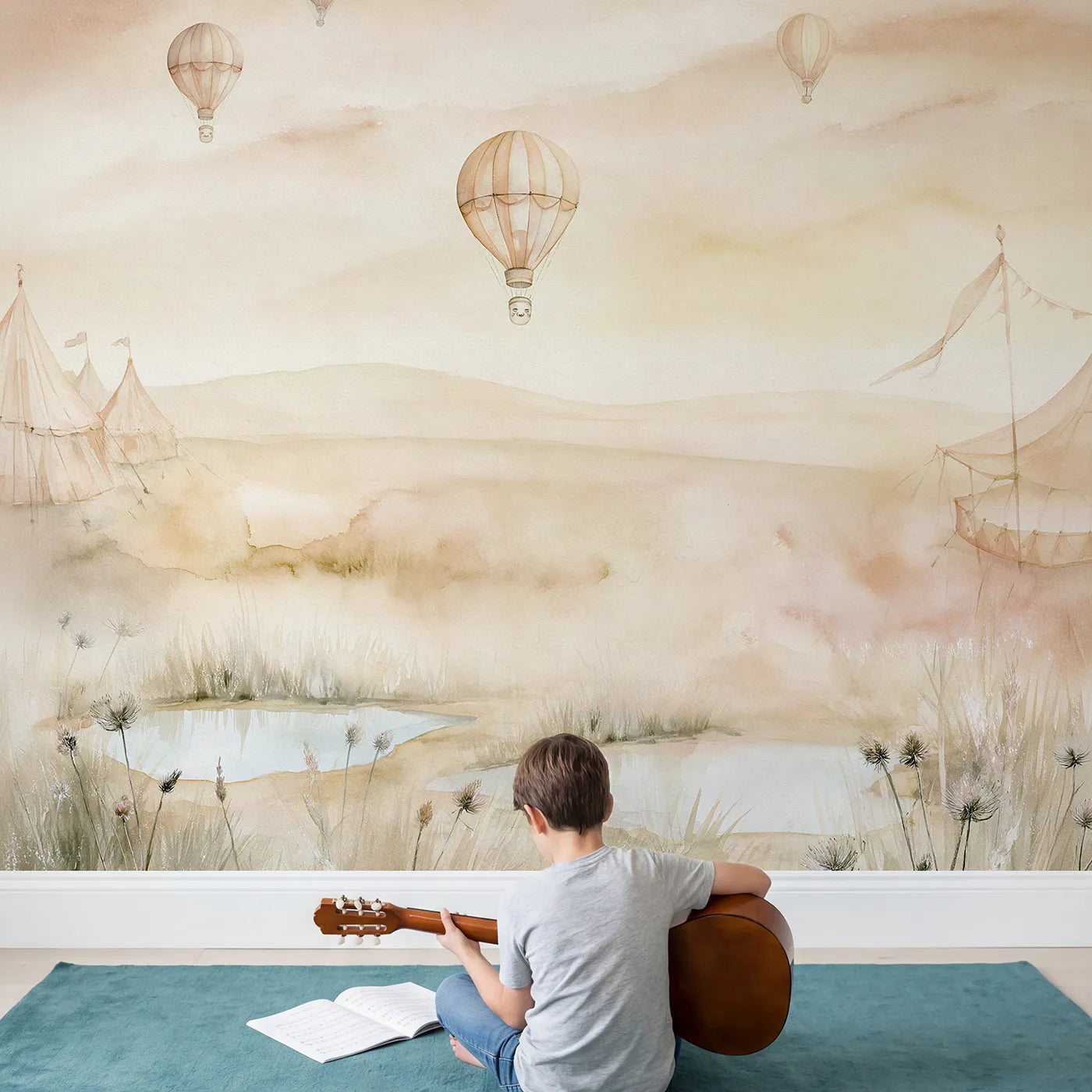 Child in nursery with Balloon Drift Dawn Wallpaper Mural by Whimsy Tots