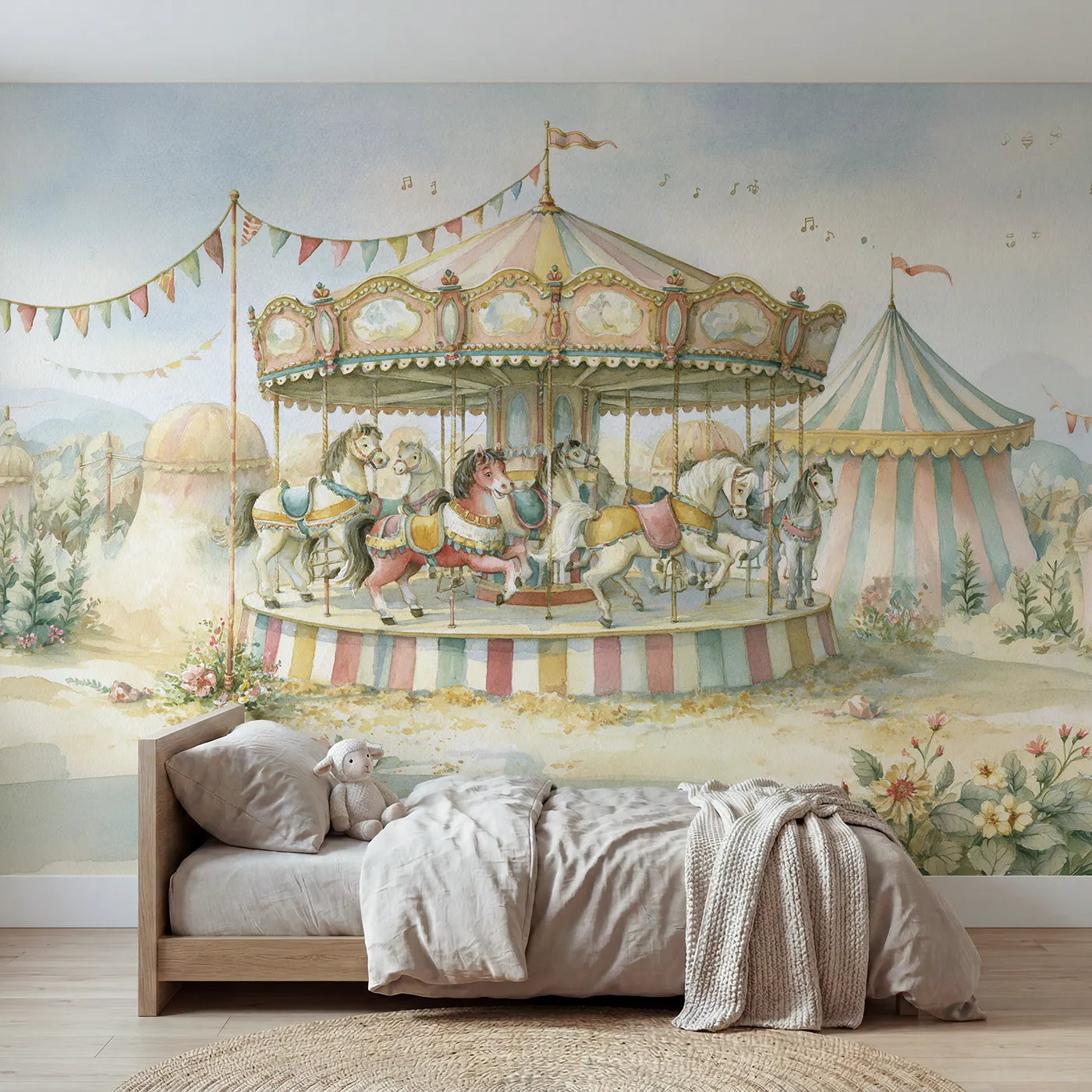 Storybook wall mural of a joyful musical carousel on warm cream by Whimsy Tots