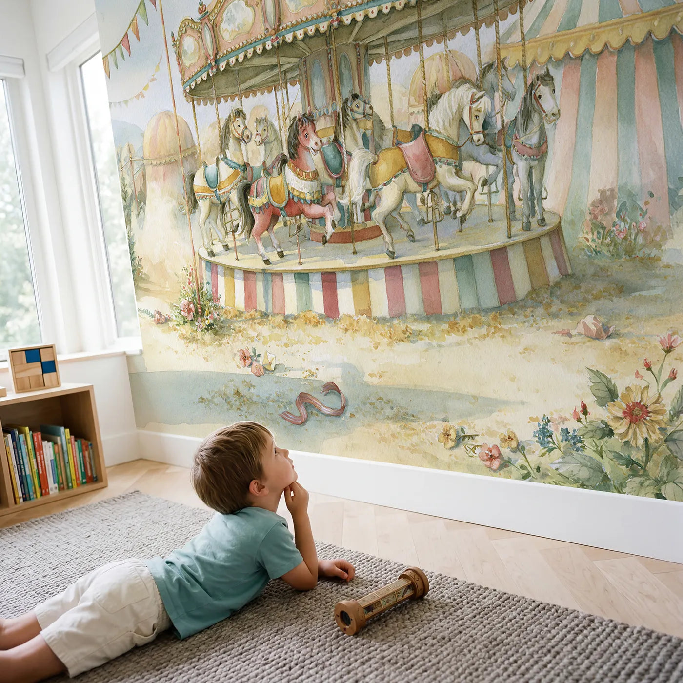 Child in nursery with Carousel Music Joy Wallpaper Mural by Whimsy Tots