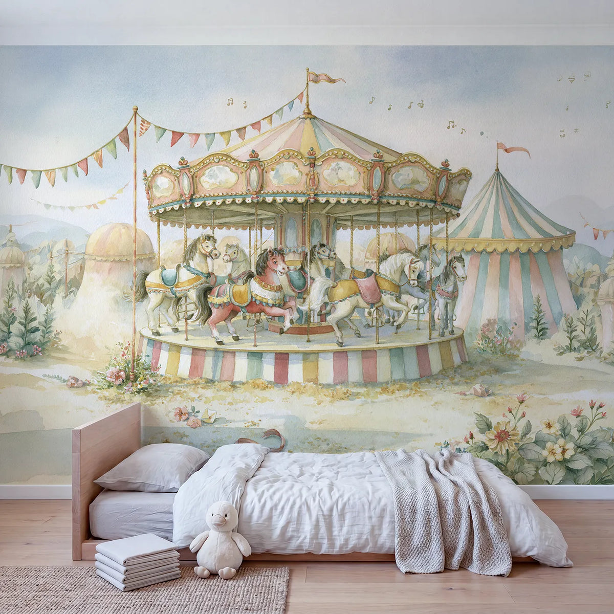 Carousel Music Joy Wallpaper Mural in playroom setting by Whimsy Tots