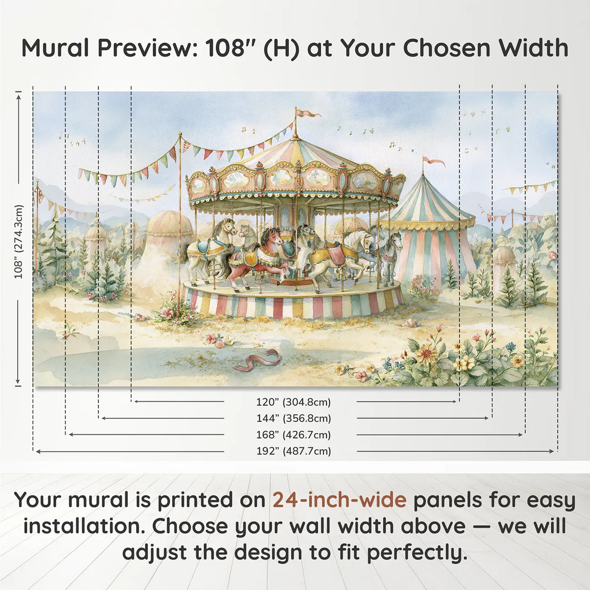 Panel layout and dimensions for Carousel Music Joy Wallpaper Mural by Whimsy Tots