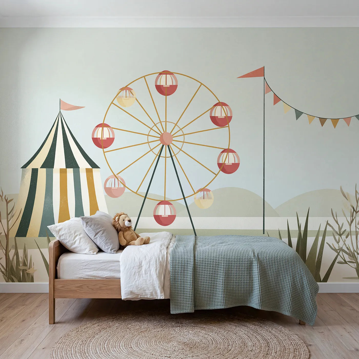 Gouache wall mural of a folk ferris wheel on warm cream by Whimsy Tots