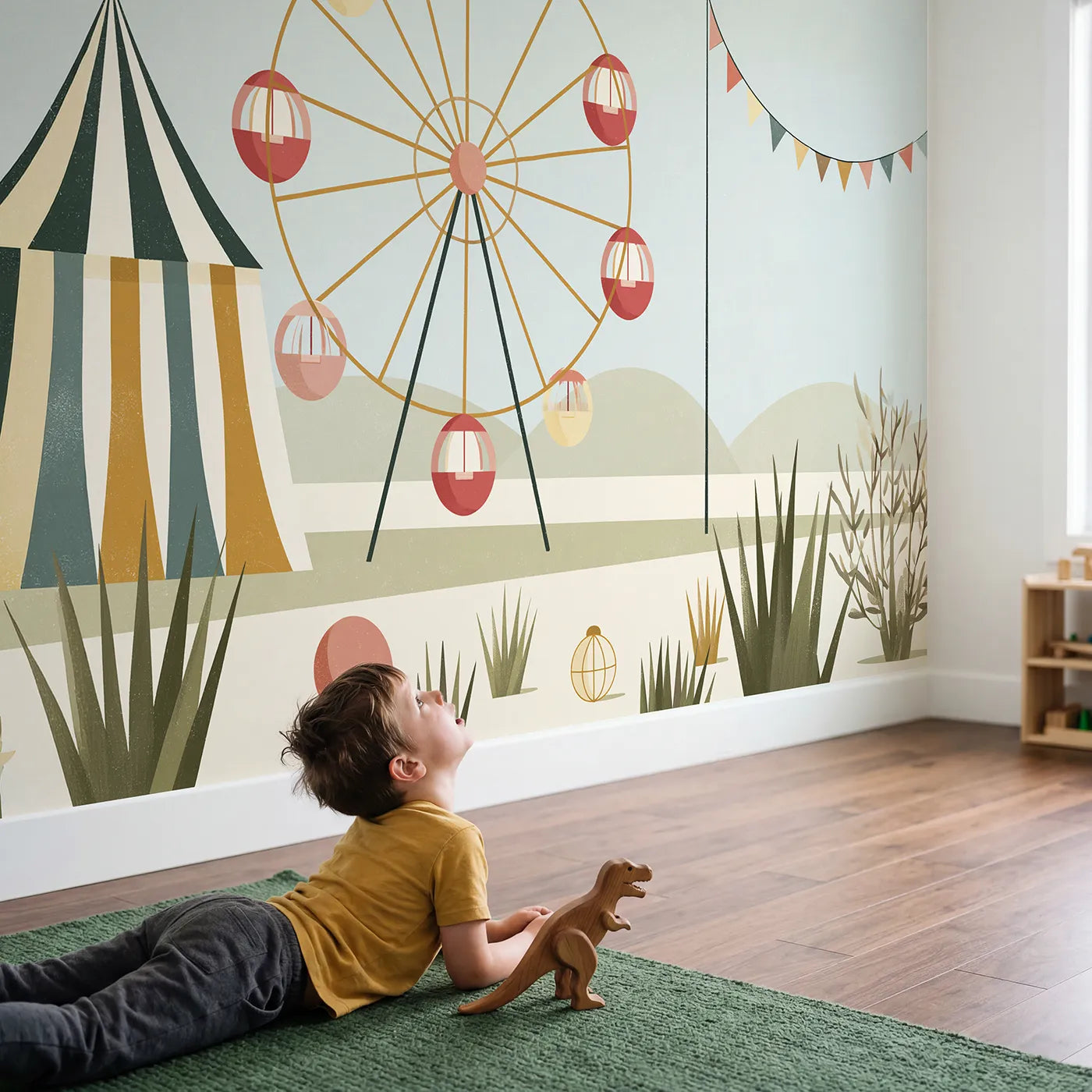 Child in nursery with Folk Ferris Wheel Wallpaper Mural by Whimsy Tots