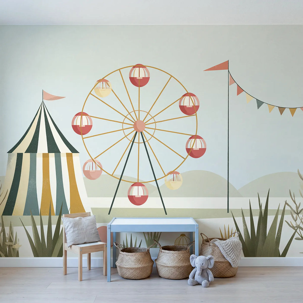 Folk Ferris Wheel Wallpaper Mural in playroom setting by Whimsy Tots