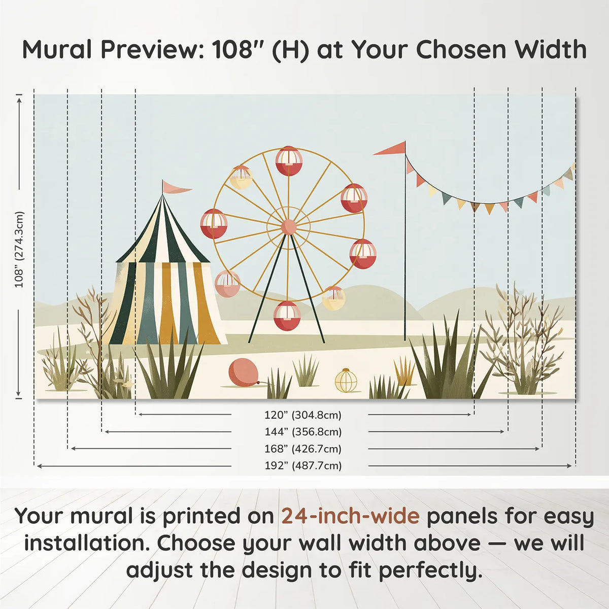 Panel layout and dimensions for Folk Ferris Wheel Wallpaper Mural by Whimsy Tots