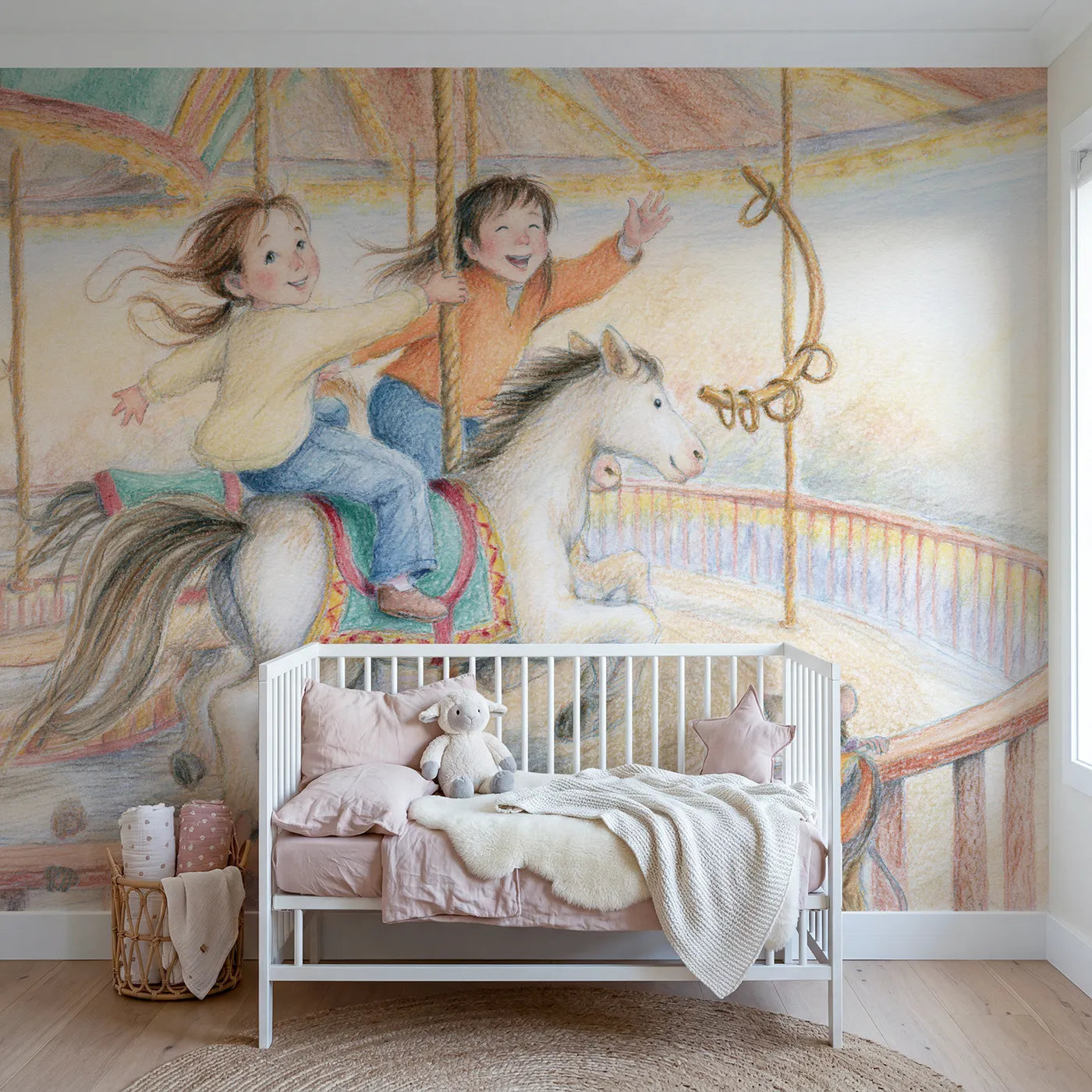 Colored Pencil rider catching the brass ring on a carousel, mural for a playroom by Whimsy Tots