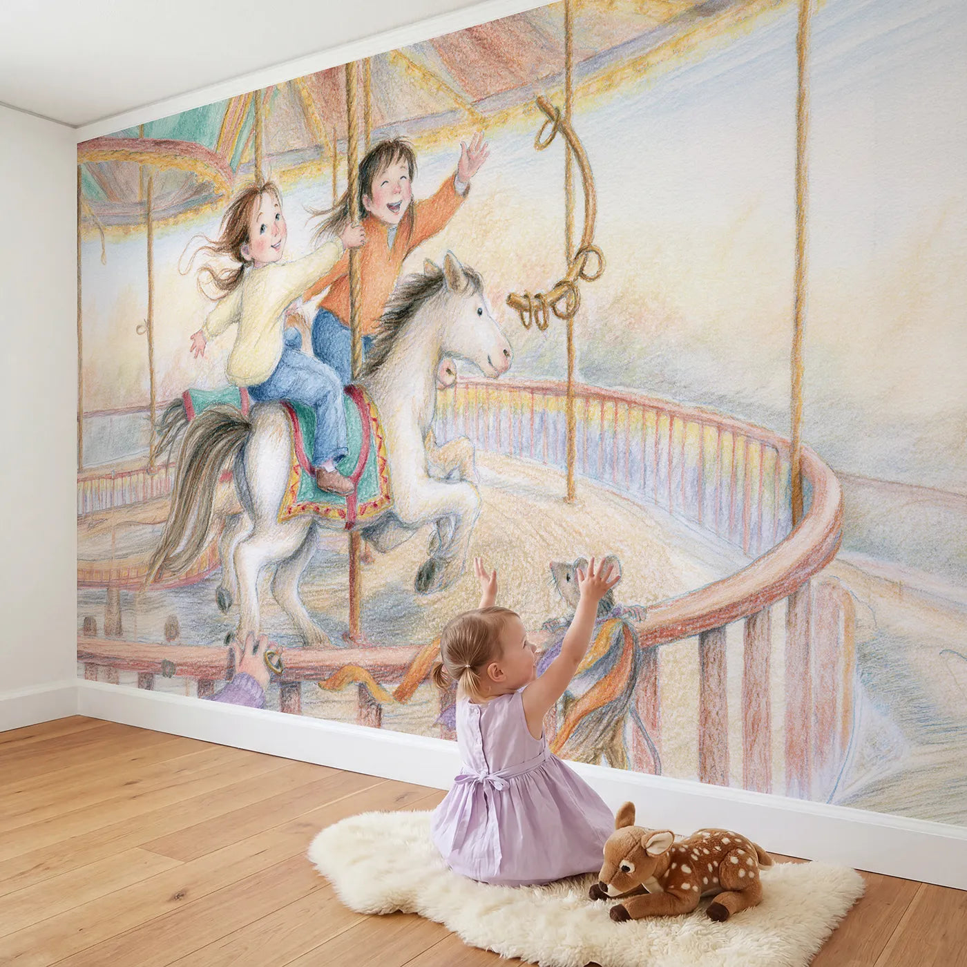 Child in nursery with Catching the Brass Ring Wallpaper Mural by Whimsy Tots
