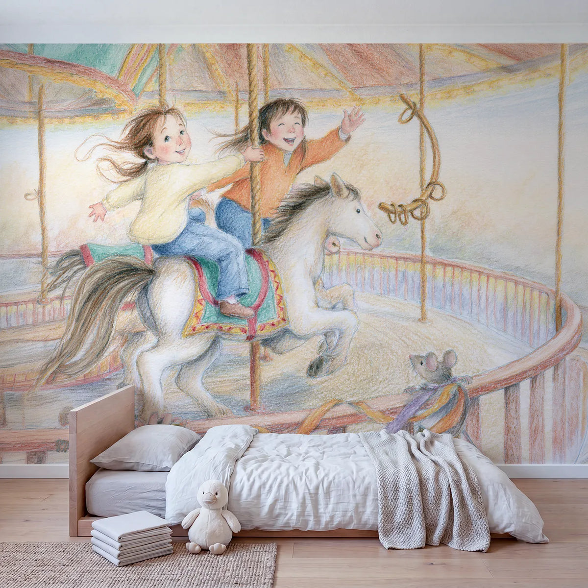 Catching the Brass Ring Wallpaper Mural in playroom setting by Whimsy Tots