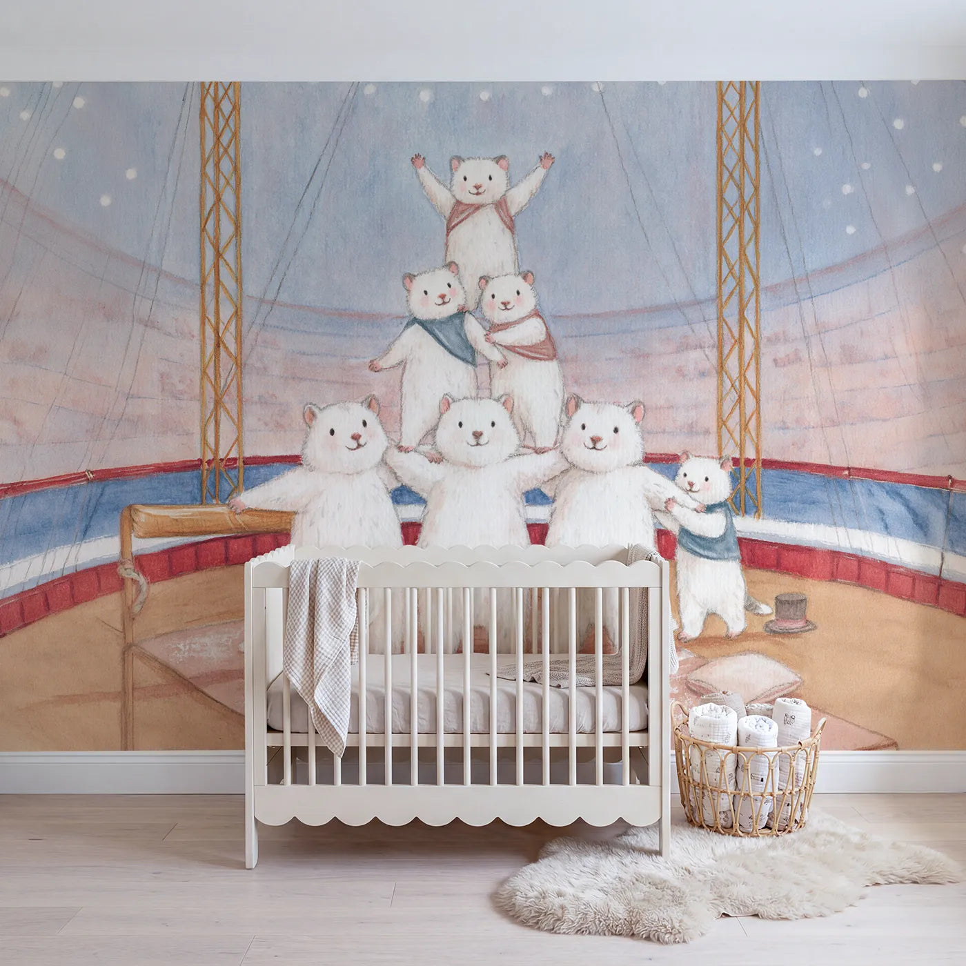 Colored Pencil acrobat animals building a pyramid in the ring, mural for a kids room by Whimsy Tots