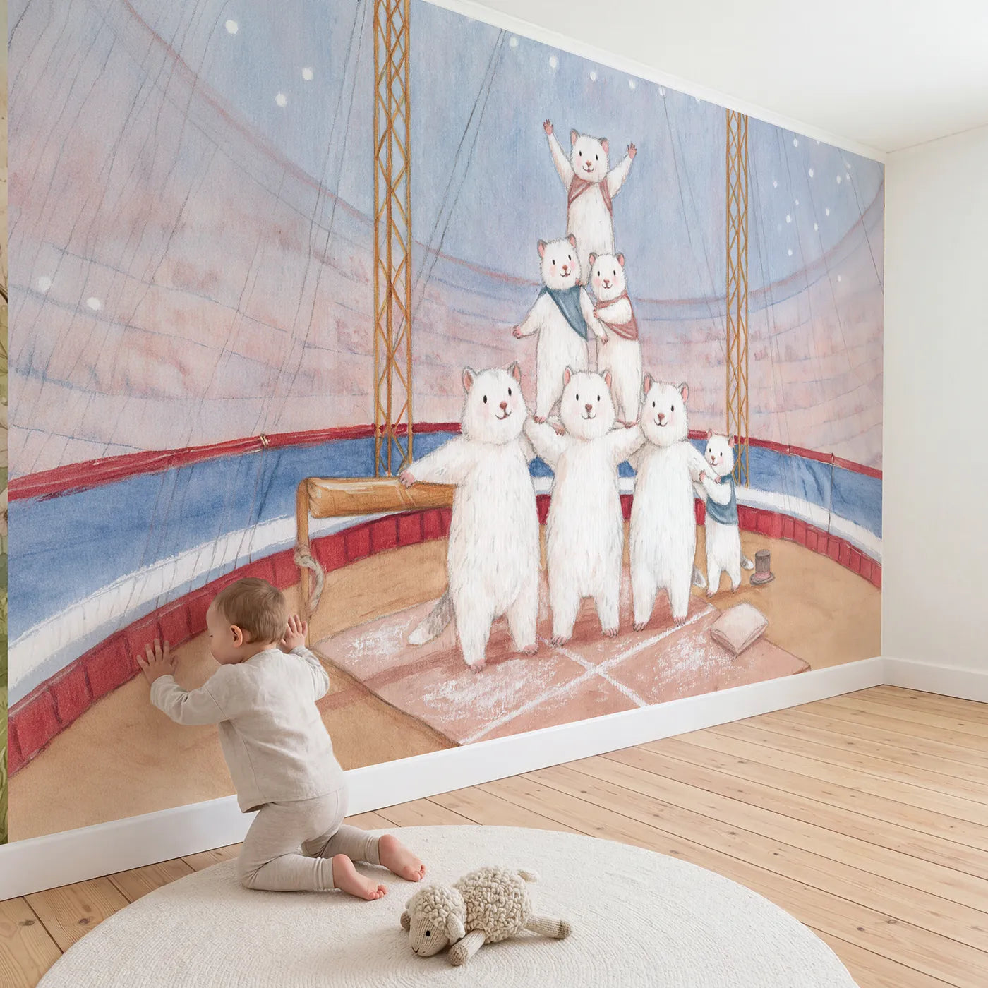 Child in nursery with The Acrobat Pyramid Wallpaper Mural by Whimsy Tots