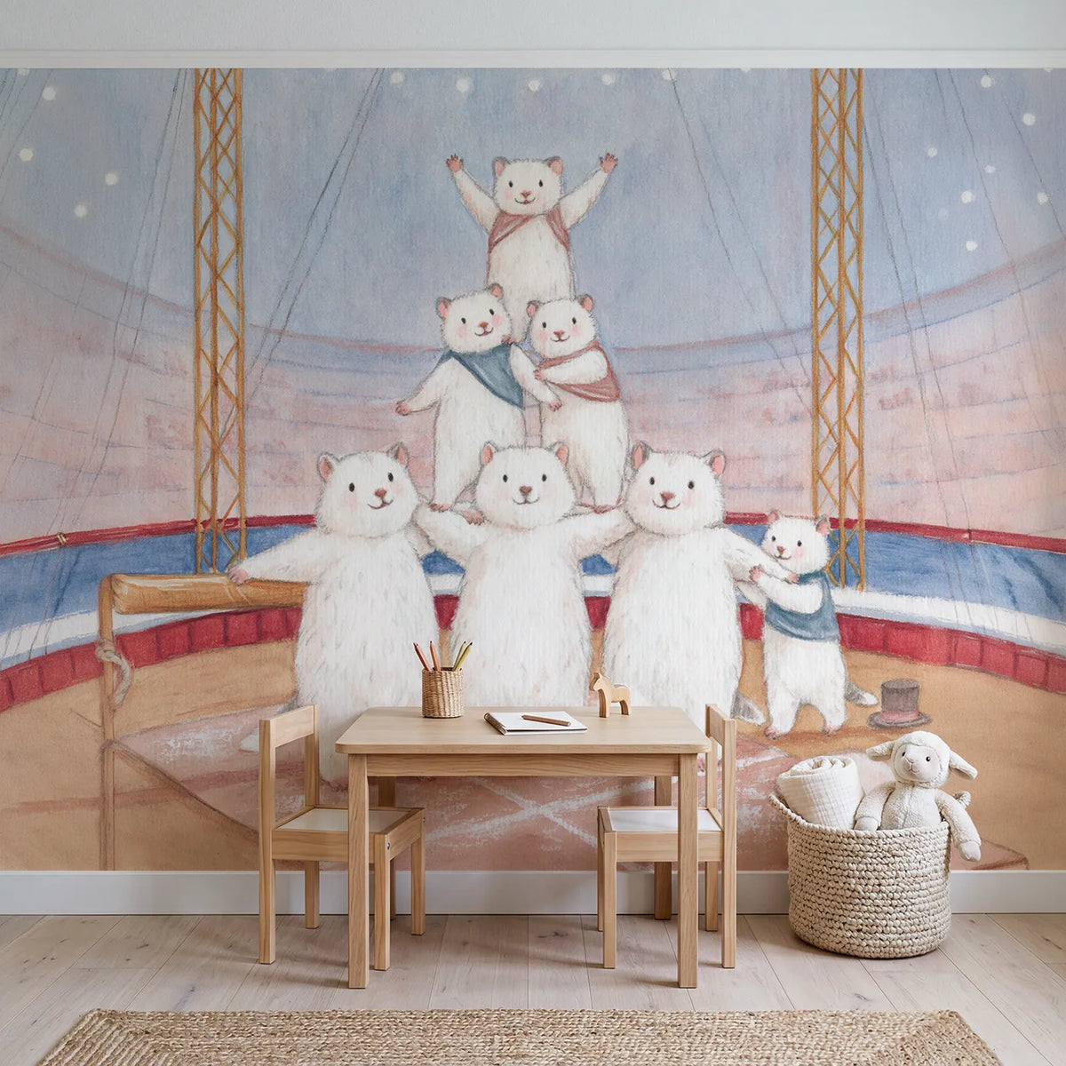 The Acrobat Pyramid Wallpaper Mural in playroom setting by Whimsy Tots