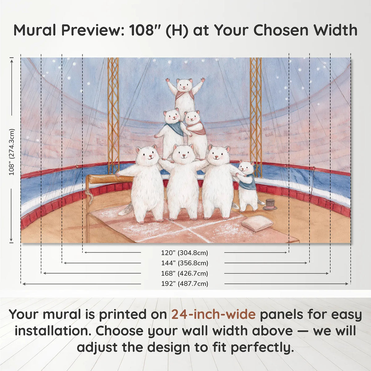 Panel layout and dimensions for The Acrobat Pyramid Wallpaper Mural by Whimsy Tots