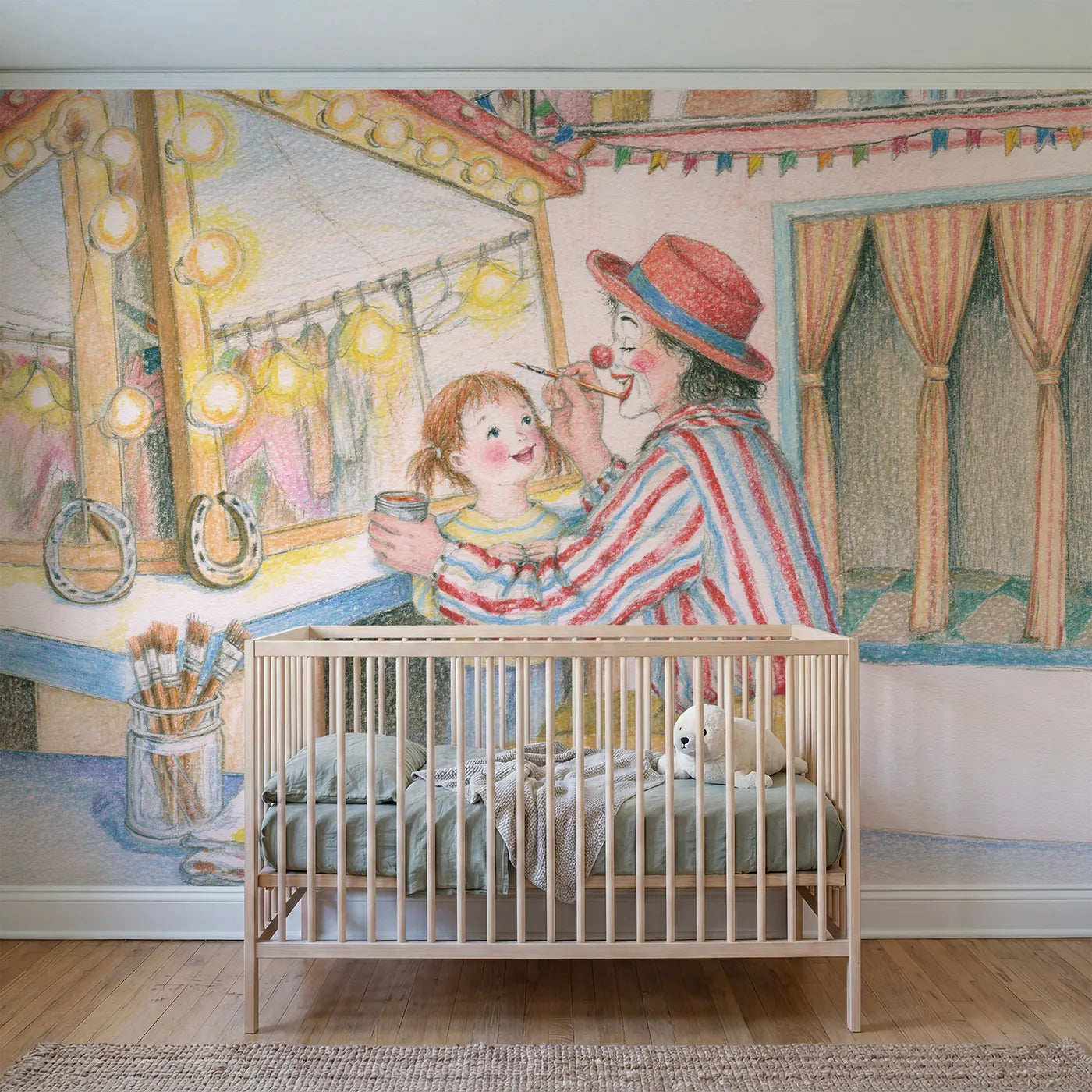 Colored Pencil performer painting a face at the dressing mirror, mural for a bedroom by Whimsy Tots