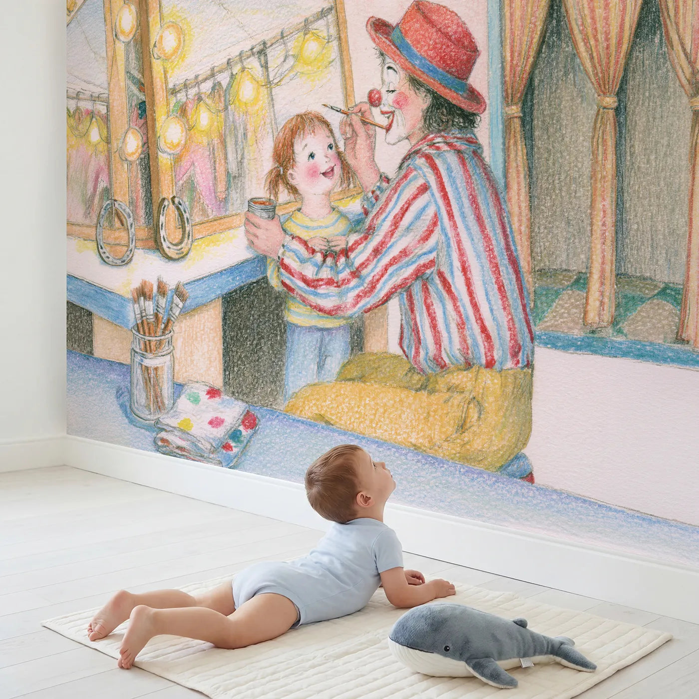 Child in nursery with The Dressing Mirror Wallpaper Mural by Whimsy Tots