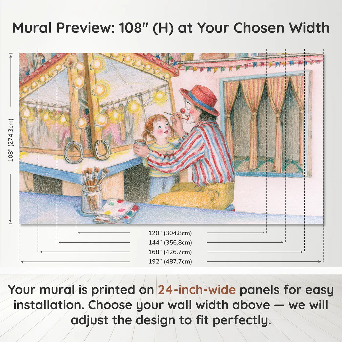 Panel layout and dimensions for The Dressing Mirror Wallpaper Mural by Whimsy Tots