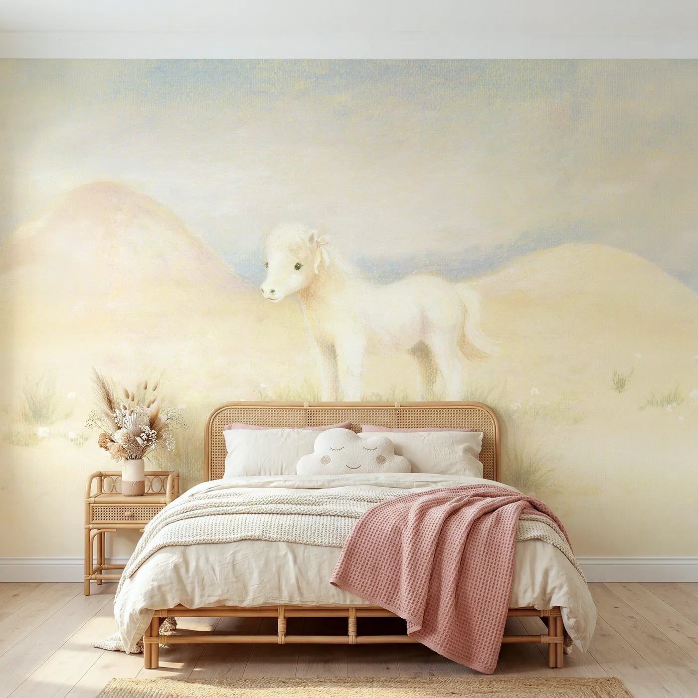Chalk pastel wall mural of a tiny pony with a ribbon on soft blush by Whimsy Tots