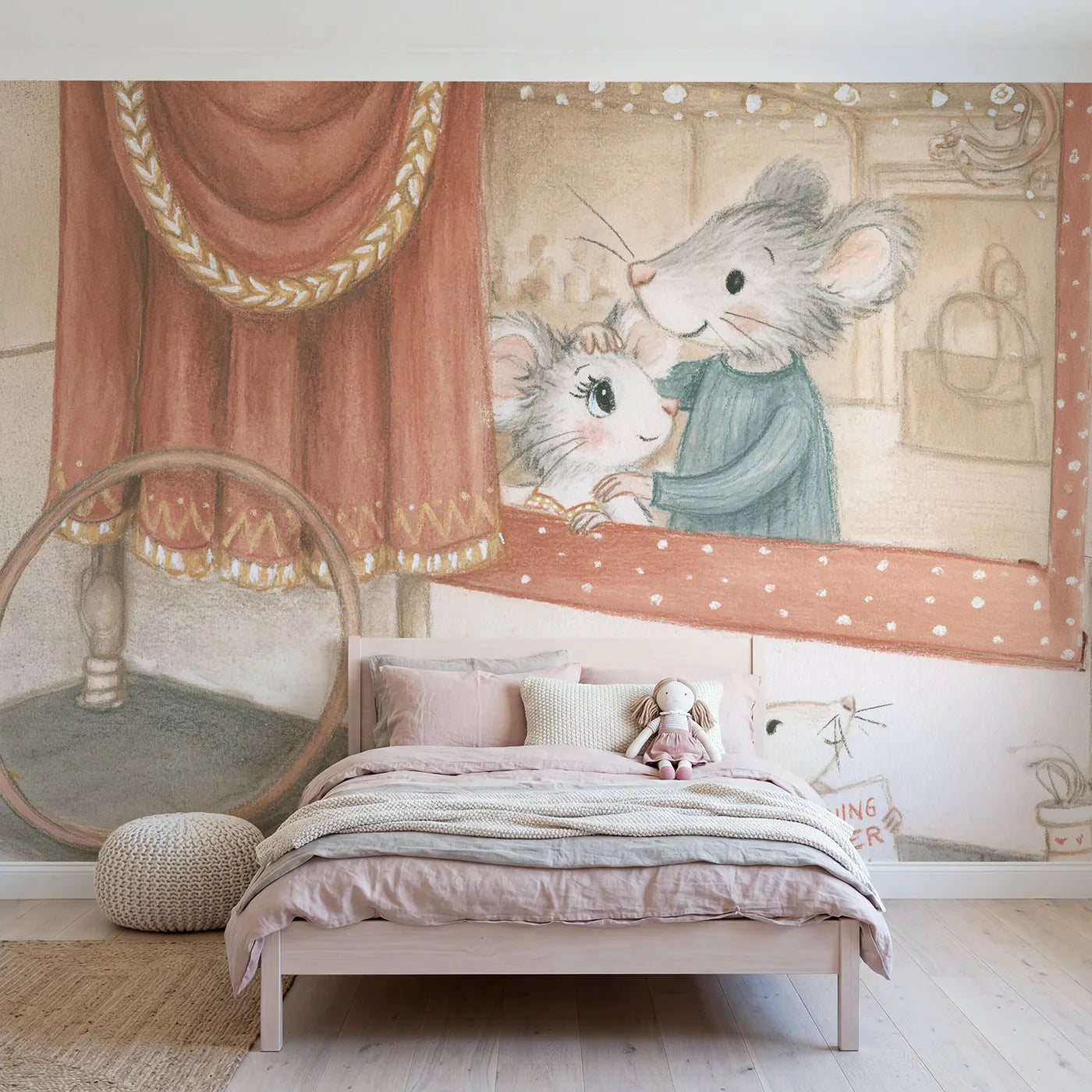 Colored Pencil performer peeking through the ring curtain, mural for a playroom by Whimsy Tots