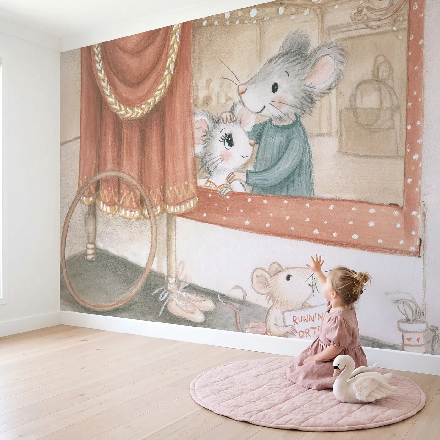 Child in nursery with Peeking Through the Curtain Wallpaper Mural by Whimsy Tots