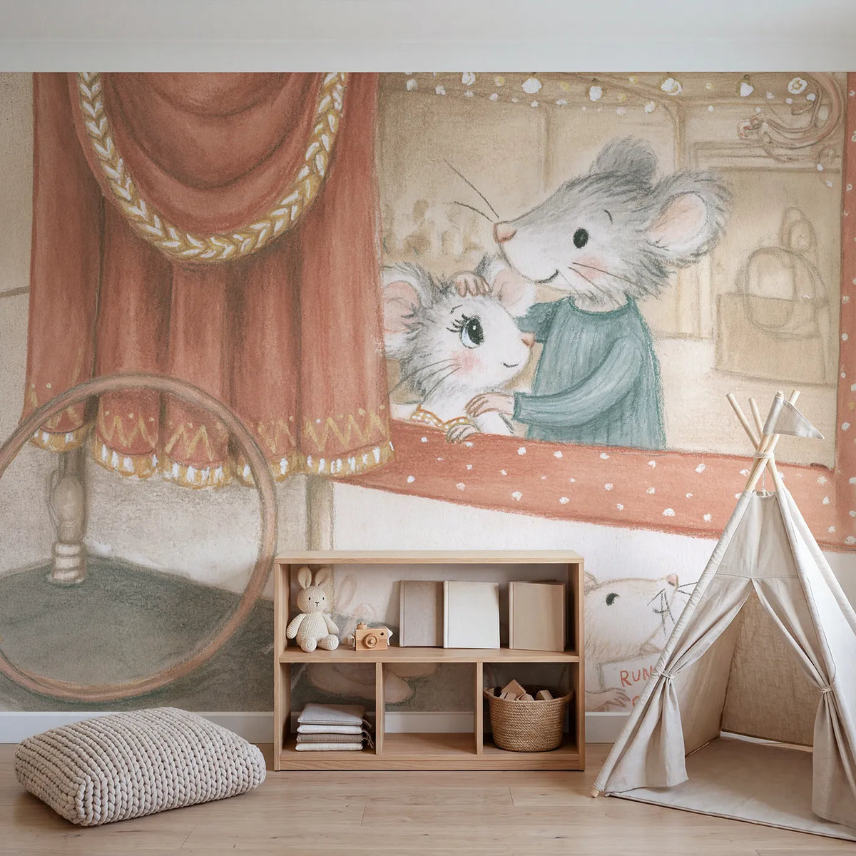 Peeking Through the Curtain Wallpaper Mural in playroom setting by Whimsy Tots