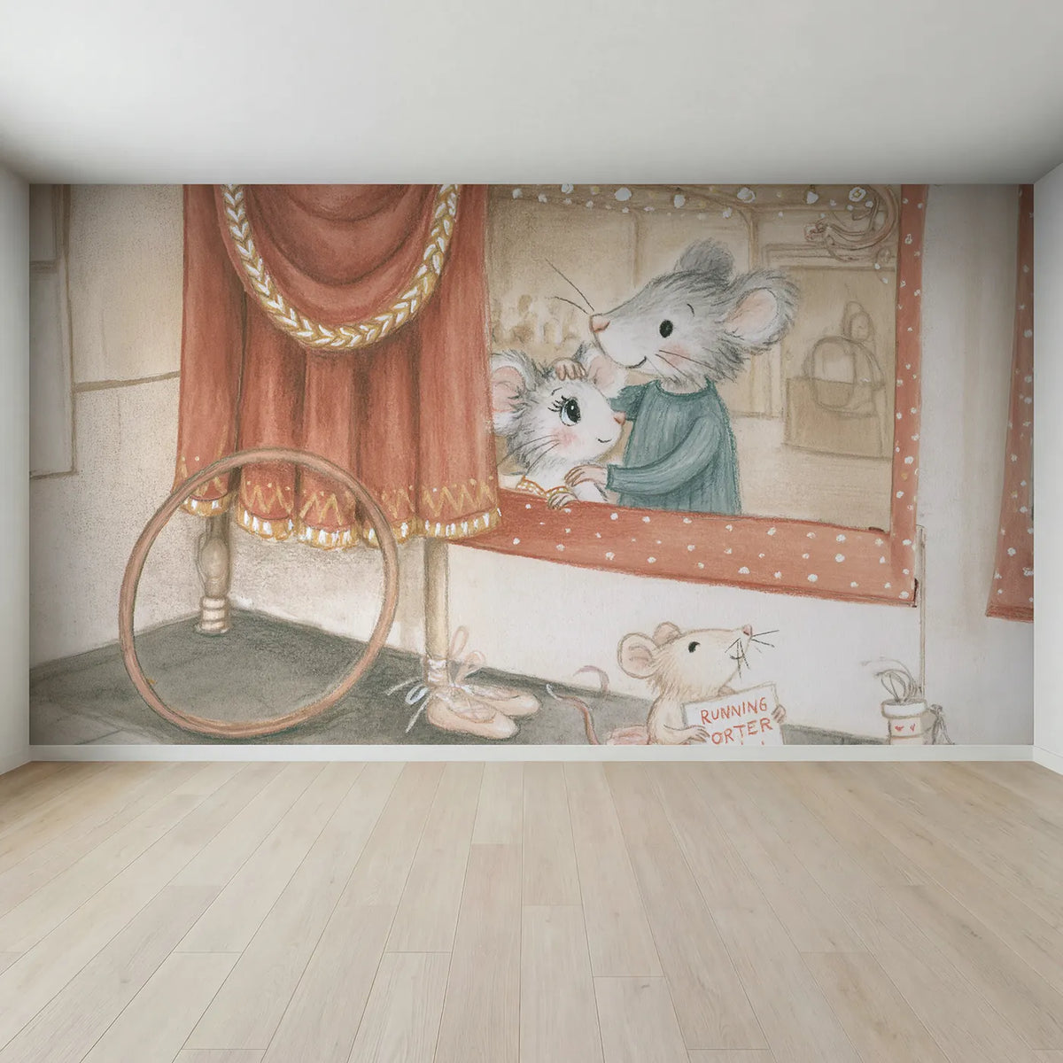 Full view of Peeking Through the Curtain Wallpaper Mural by Whimsy Tots