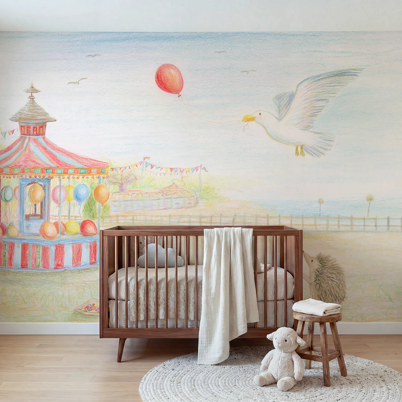 Colored Pencil gull catching an escaped balloon string, mural for a big-kid bedroom by Whimsy Tots