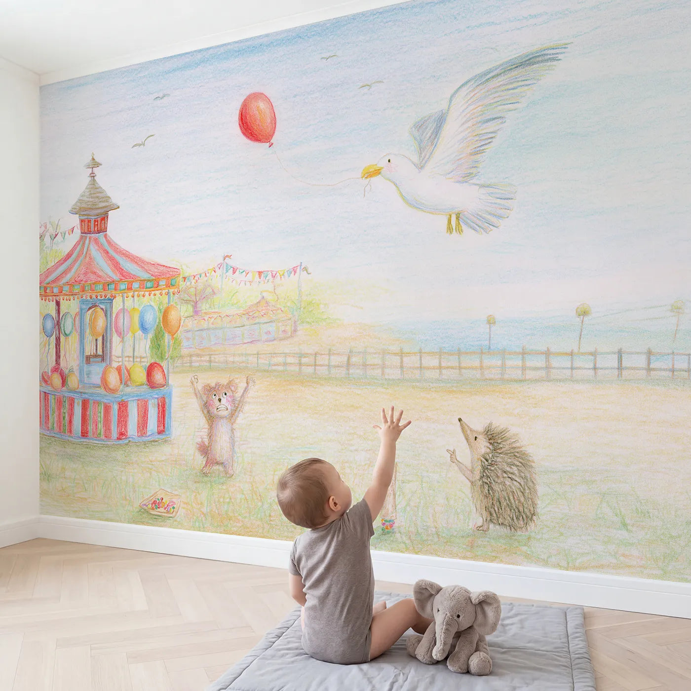Child in nursery with The Escaped Balloon Wallpaper Mural by Whimsy Tots