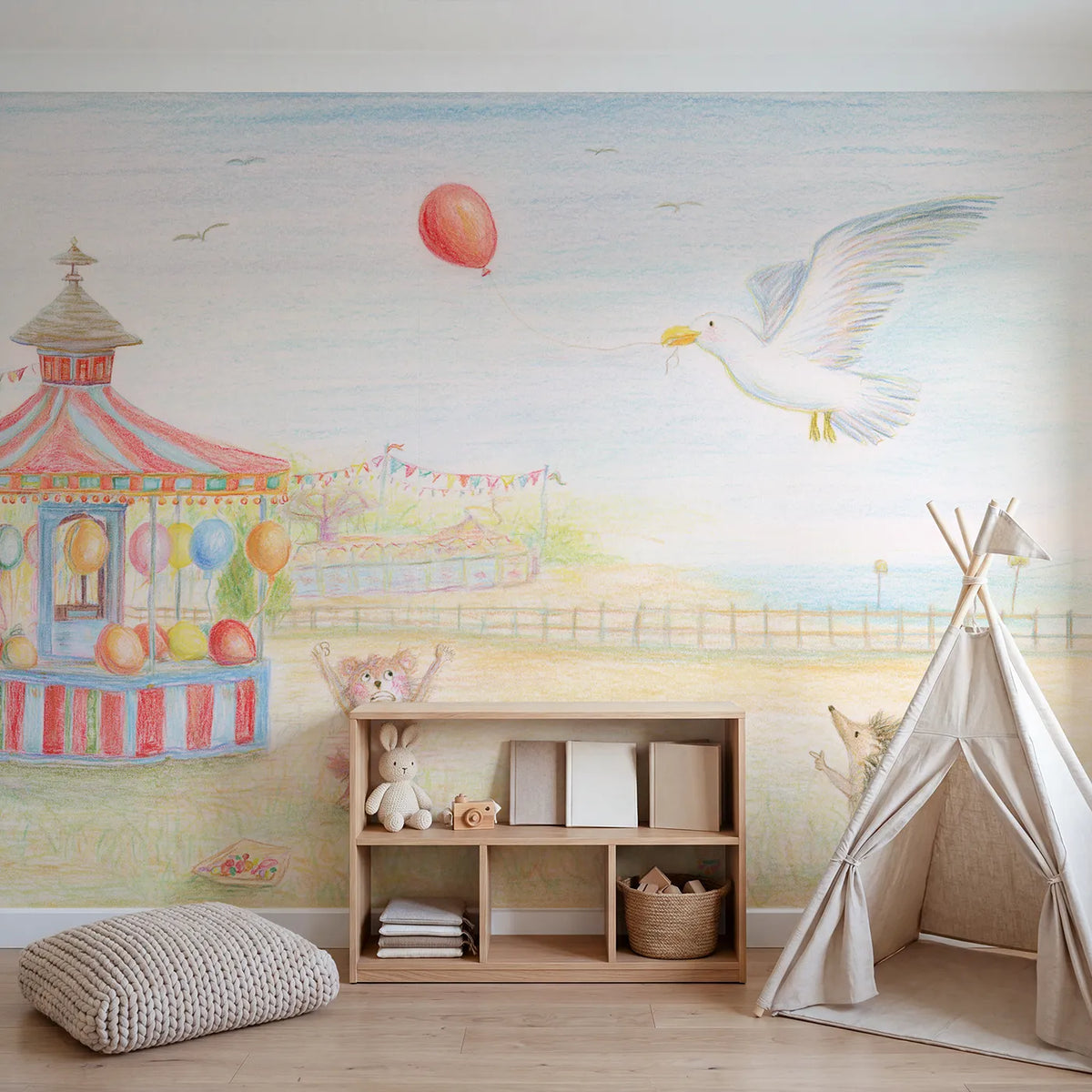 The Escaped Balloon Wallpaper Mural in playroom setting by Whimsy Tots