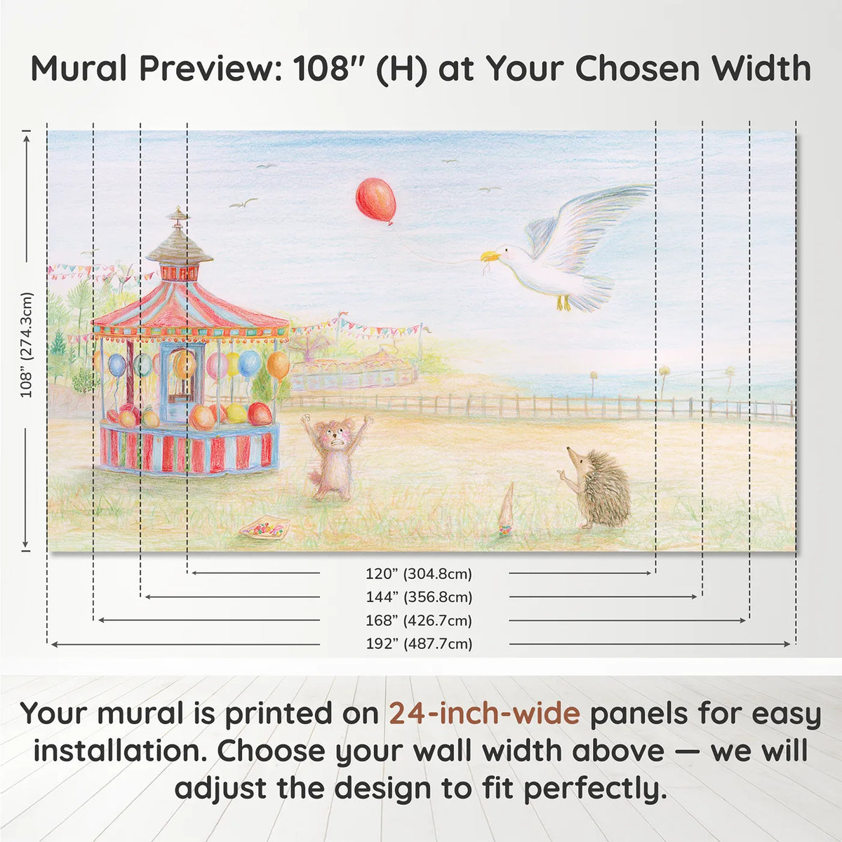 Panel layout and dimensions for The Escaped Balloon Wallpaper Mural by Whimsy Tots