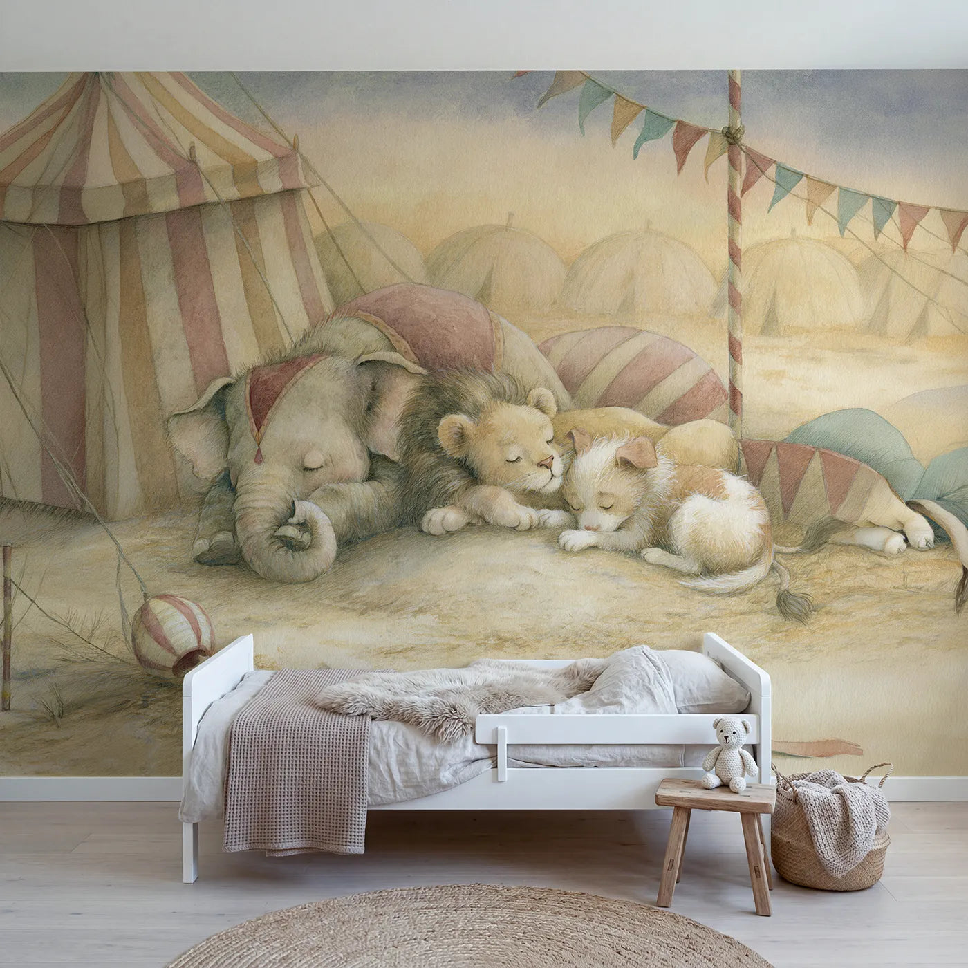Storybook wall mural of circus friends at goodnight on warm cream by Whimsy Tots