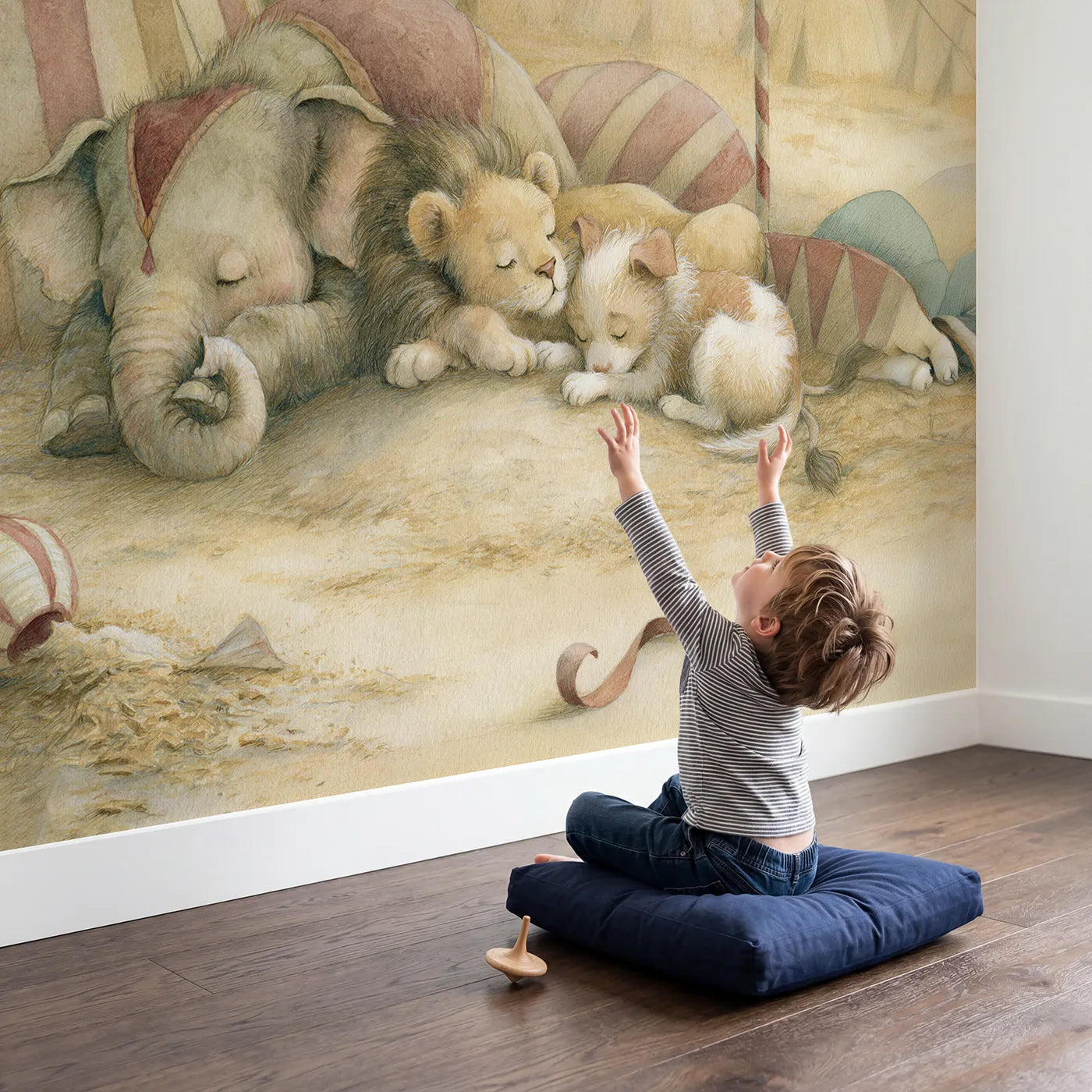 Child in nursery with Goodnight Circus Friends Wallpaper Mural by Whimsy Tots