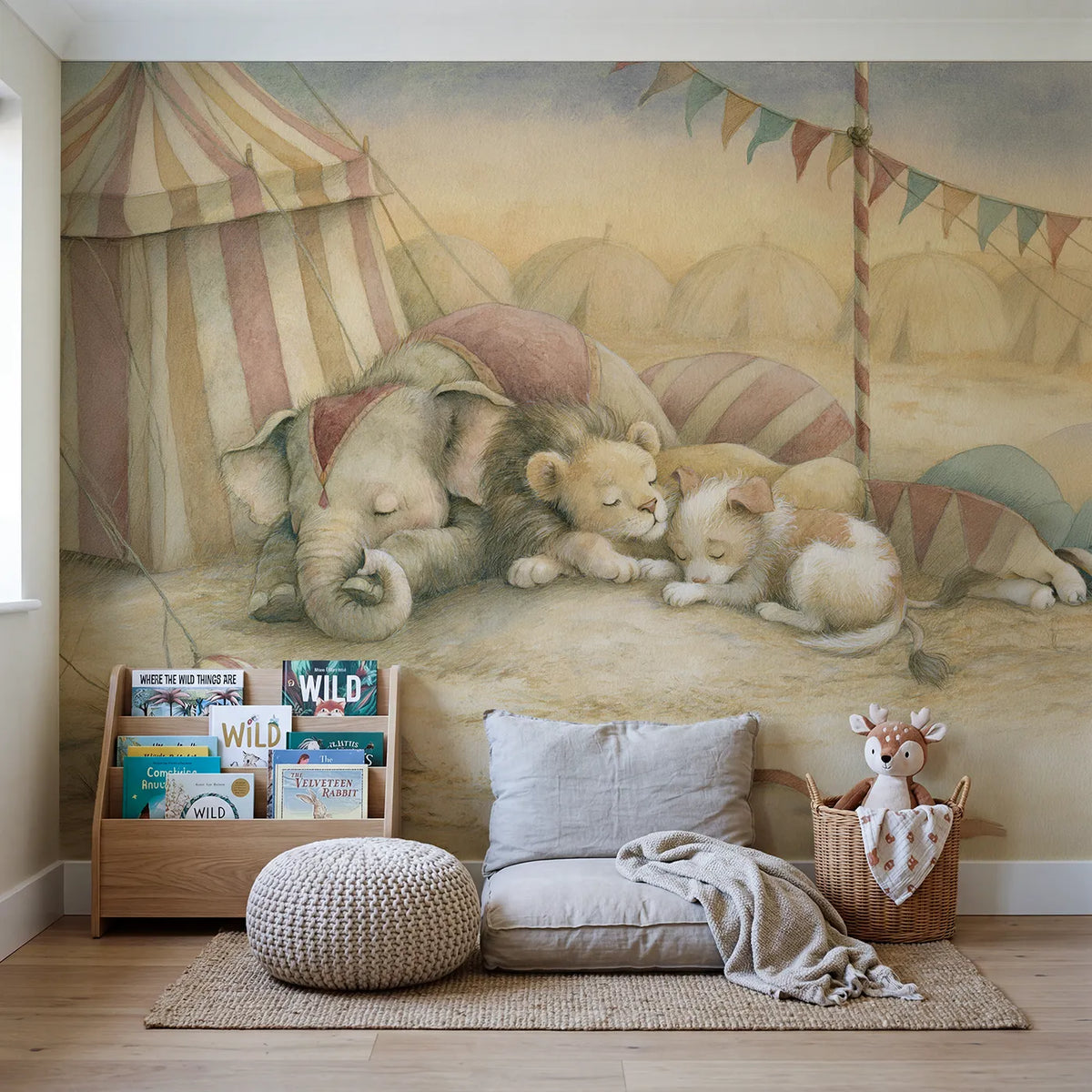 Goodnight Circus Friends Wallpaper Mural in playroom setting by Whimsy Tots