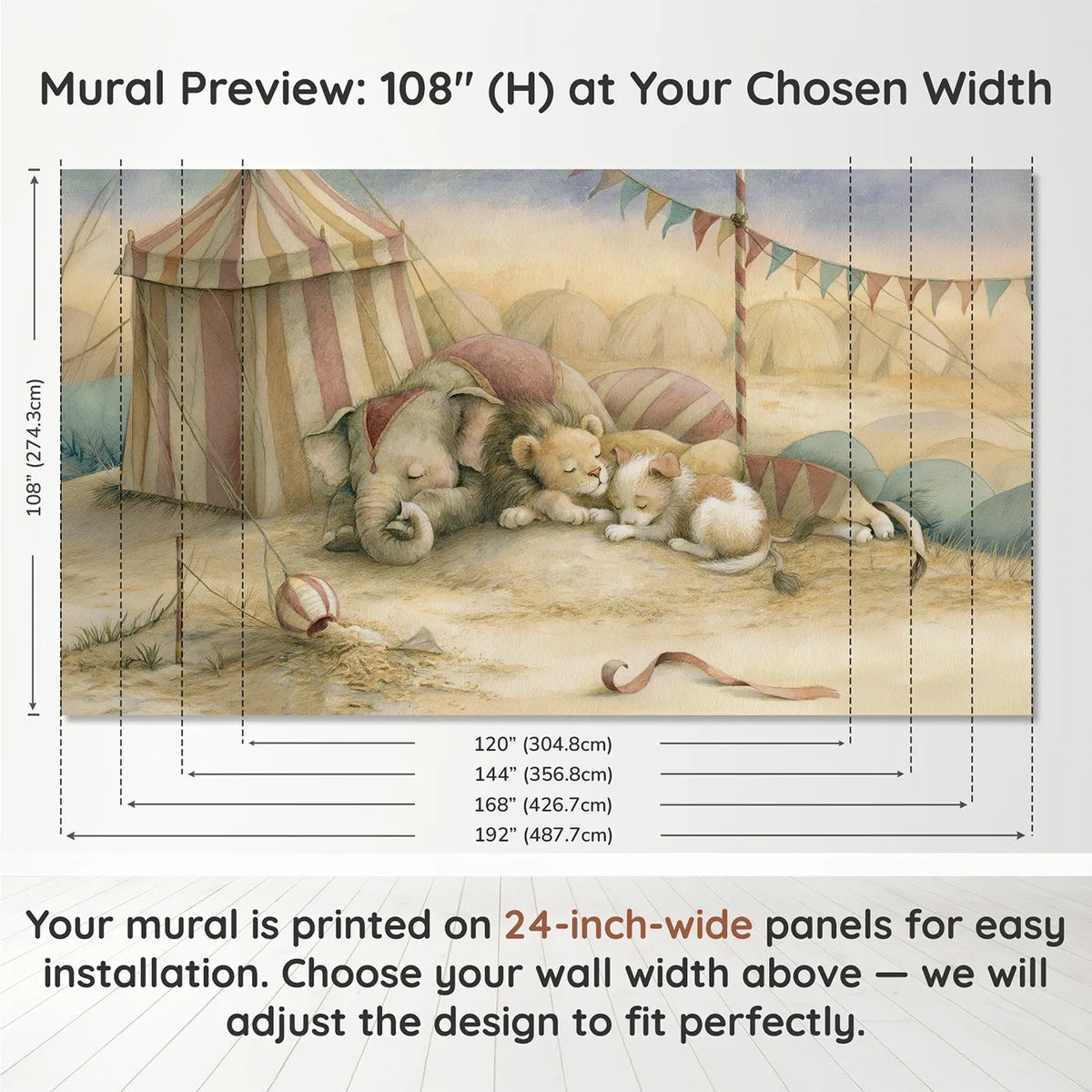 Panel layout and dimensions for Goodnight Circus Friends Wallpaper Mural by Whimsy Tots