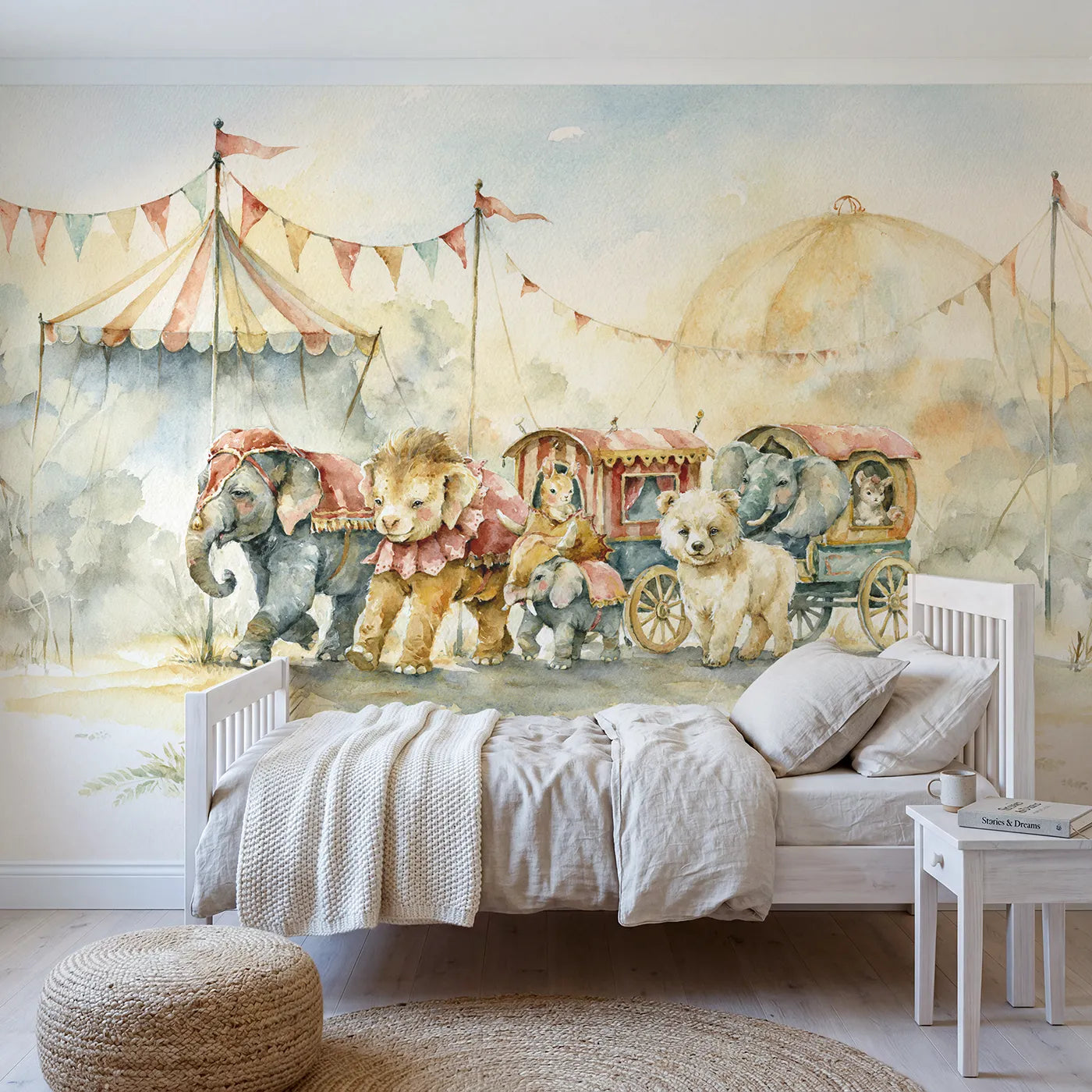 Watercolor wall mural of a gentle circus animal row on warm cream by Whimsy Tots