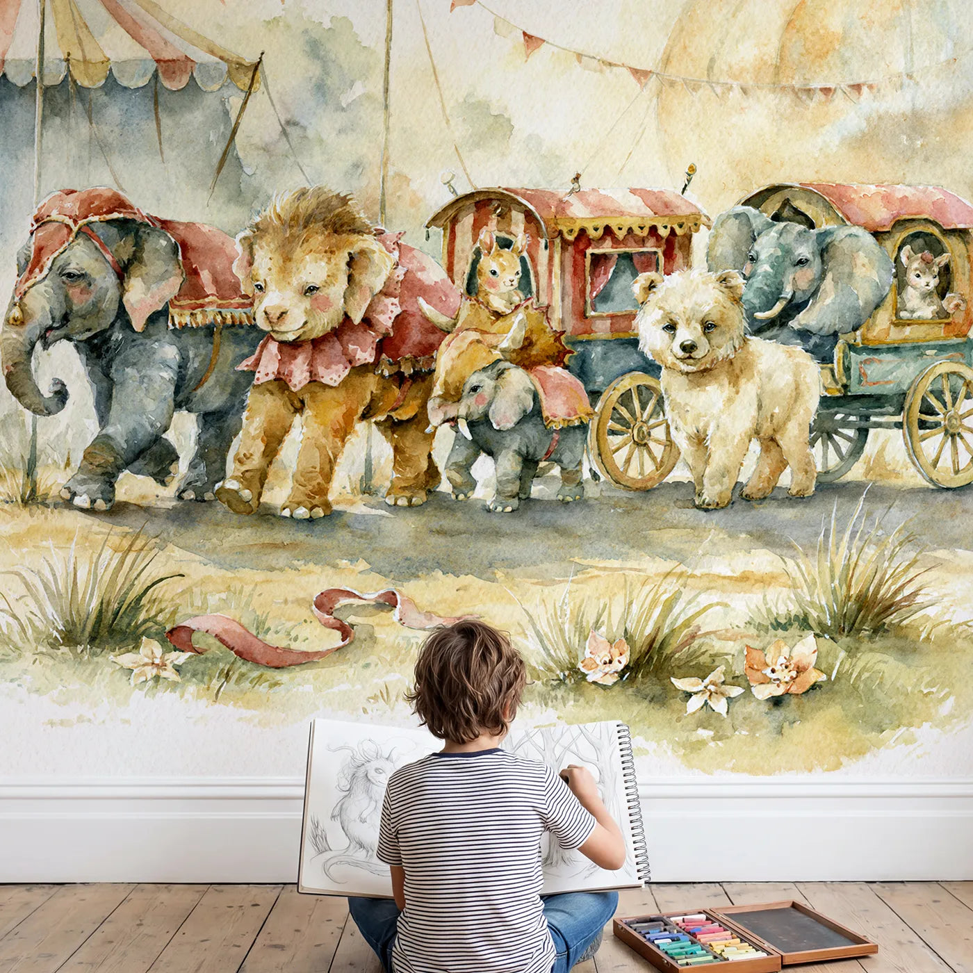 Child in nursery with Circus Caravan Parade Wallpaper Mural by Whimsy Tots