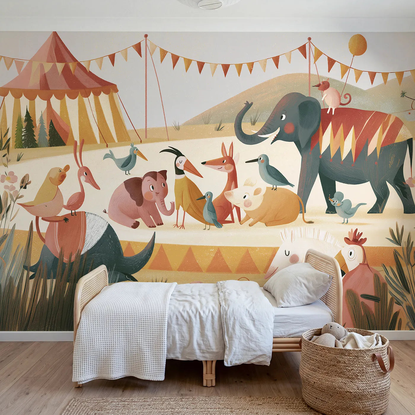 Gouache wall mural of a folk circus counting scene on warm cream by Whimsy Tots