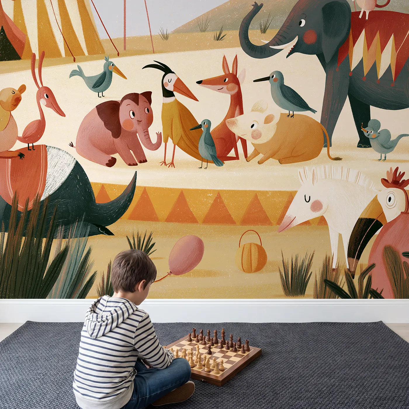 Child in nursery with Folk Circus Big Top Day Wallpaper Mural by Whimsy Tots