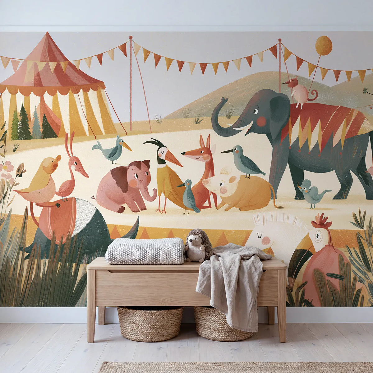 Folk Circus Big Top Day Wallpaper Mural in playroom setting by Whimsy Tots