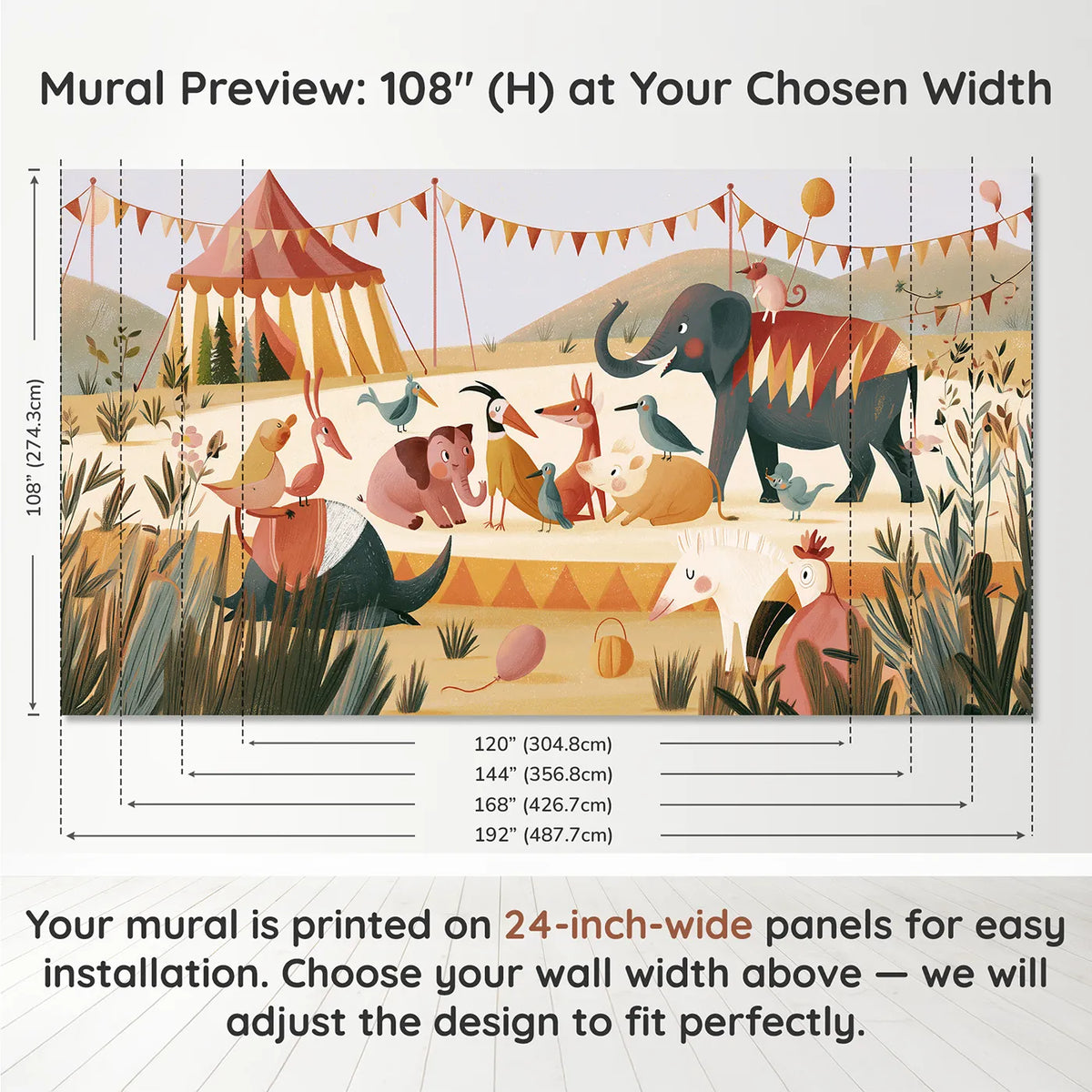 Panel layout and dimensions for Folk Circus Big Top Day Wallpaper Mural by Whimsy Tots