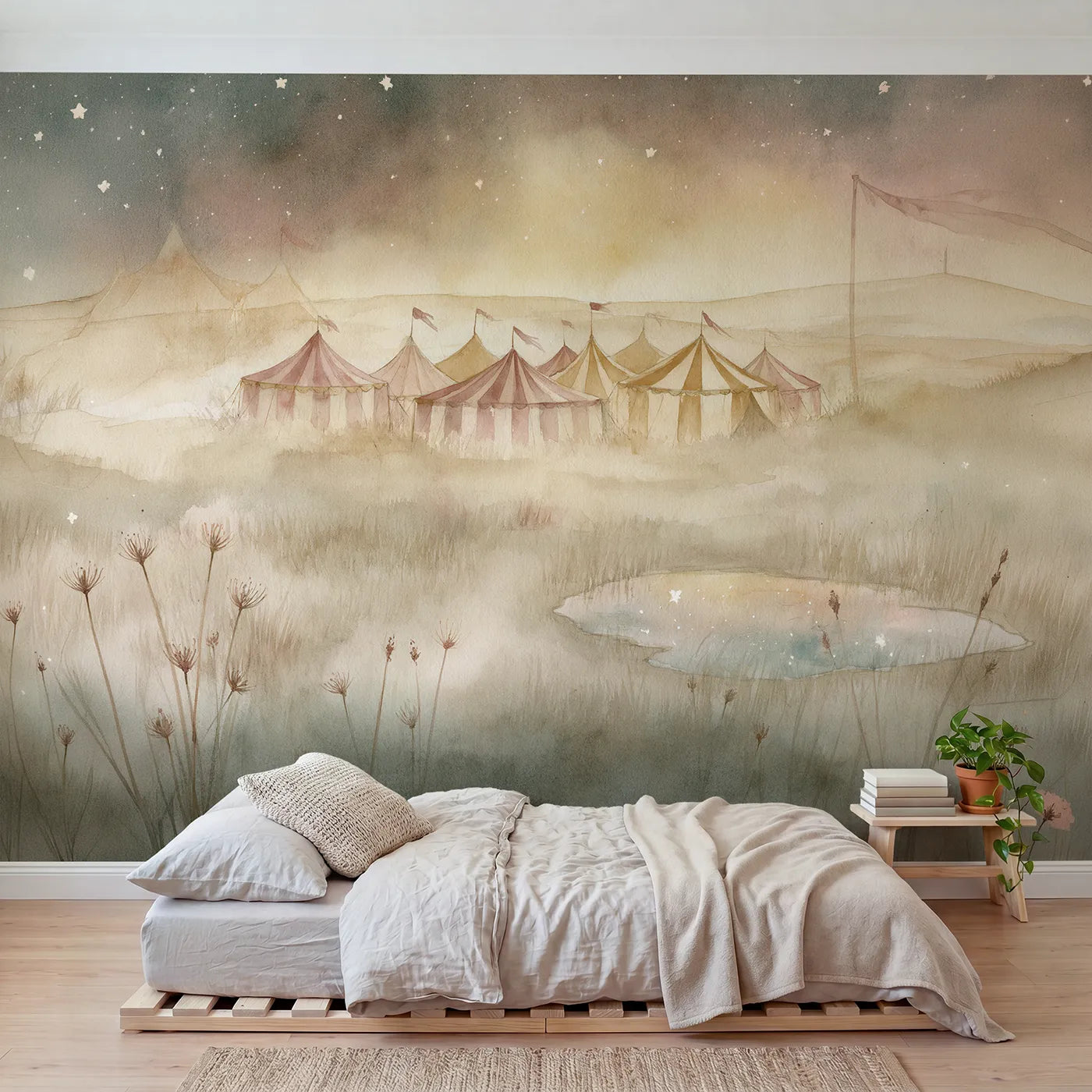 Watercolor wall mural of circus tents under stars on warm cream by Whimsy Tots