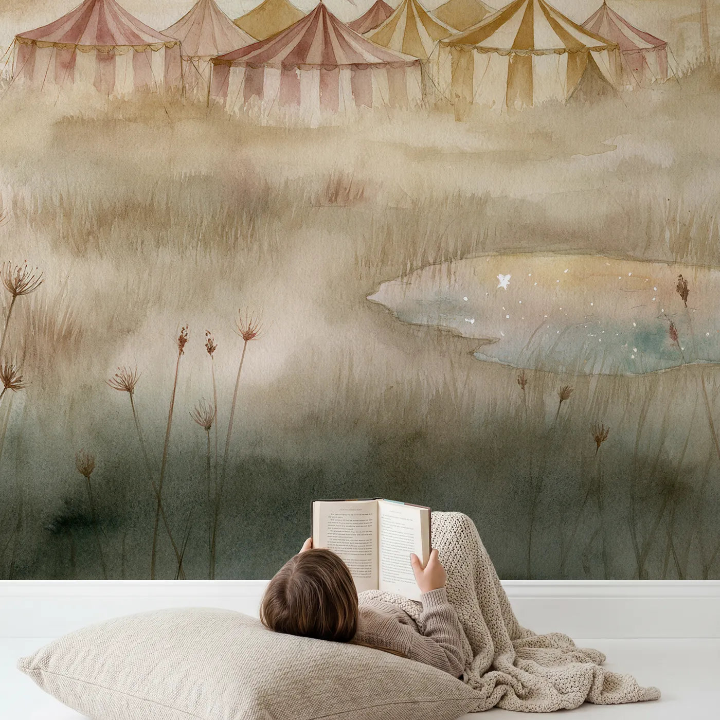 Child in nursery with Circus Star Night Wallpaper Mural by Whimsy Tots