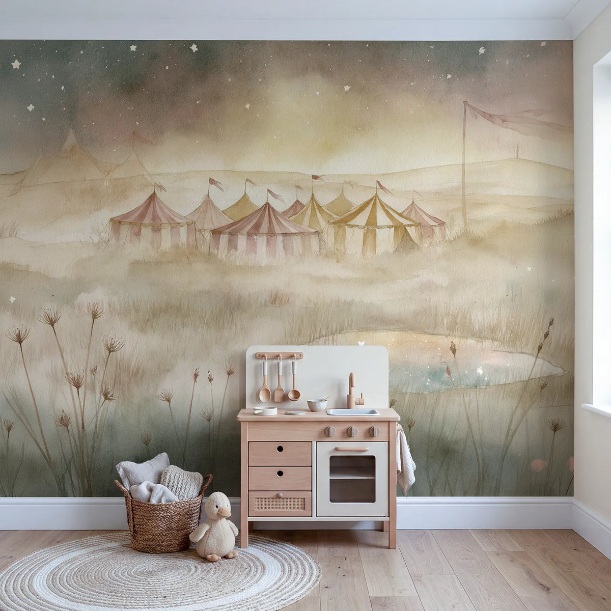 Circus Star Night Wallpaper Mural in playroom setting by Whimsy Tots
