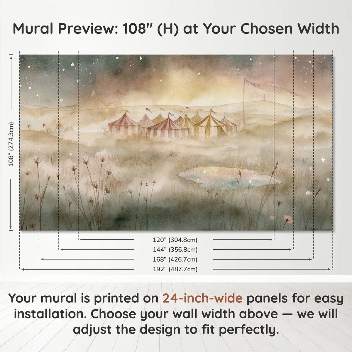 Panel layout and dimensions for Circus Star Night Wallpaper Mural by Whimsy Tots