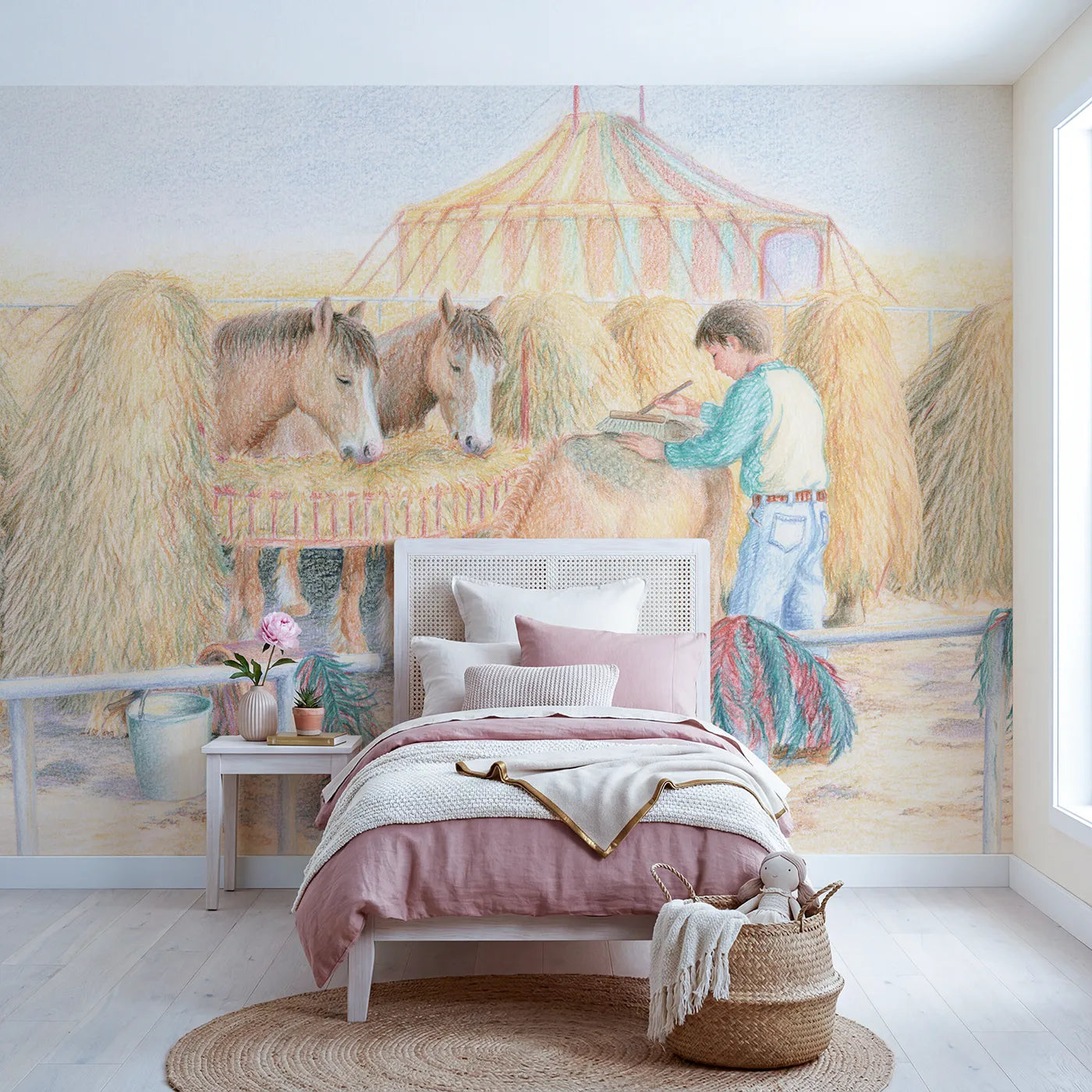 Colored Pencil circus ponies settled for the night, mural for a toddler room by Whimsy Tots