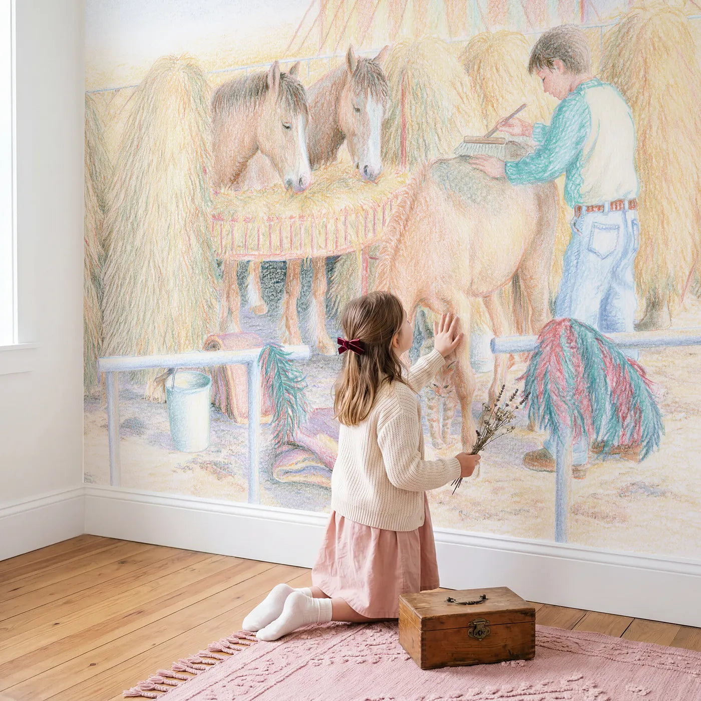 Child in nursery with After the Show Wallpaper Mural by Whimsy Tots