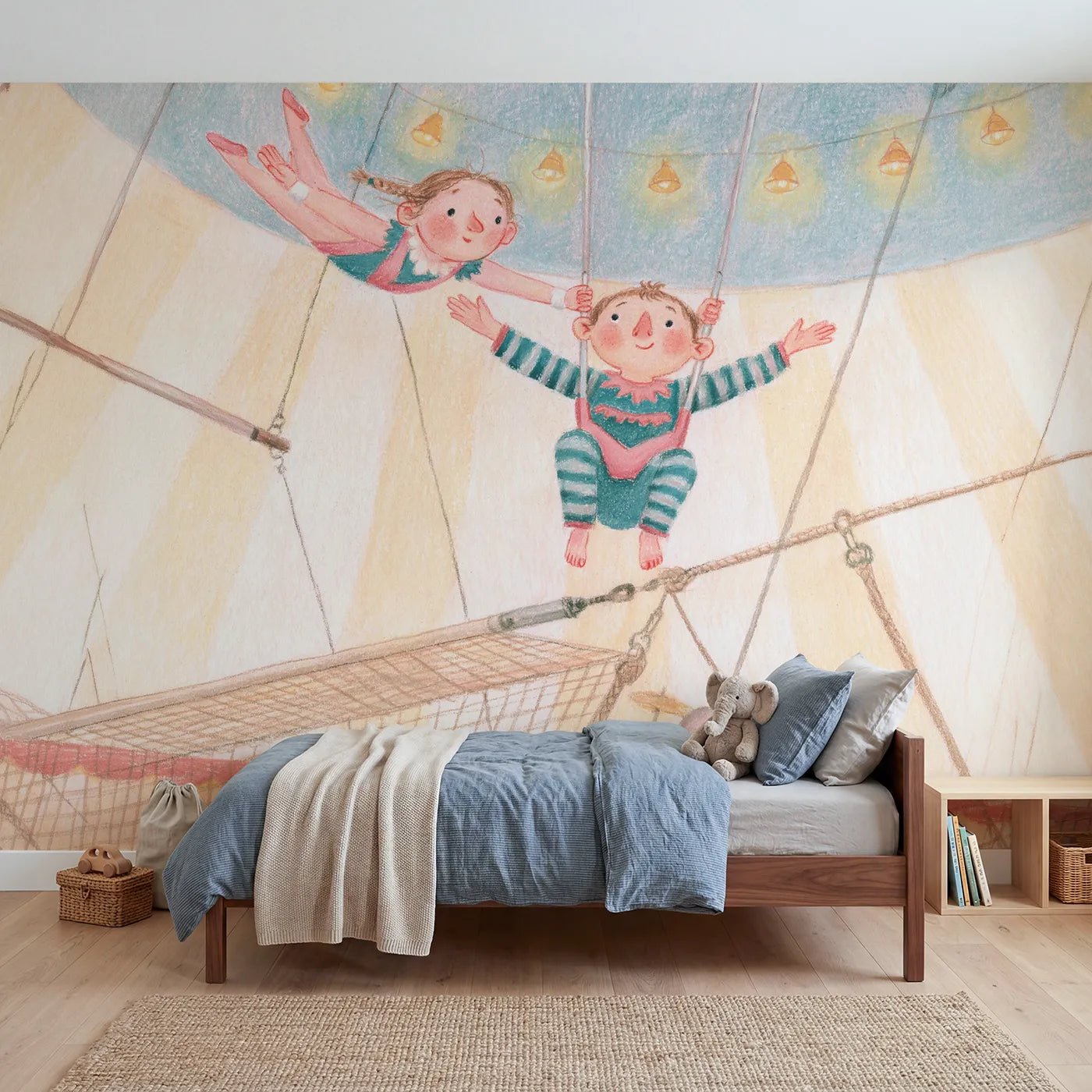 Colored Pencil trapeze pair making the catch under the canvas, mural for a kids room by Whimsy Tots